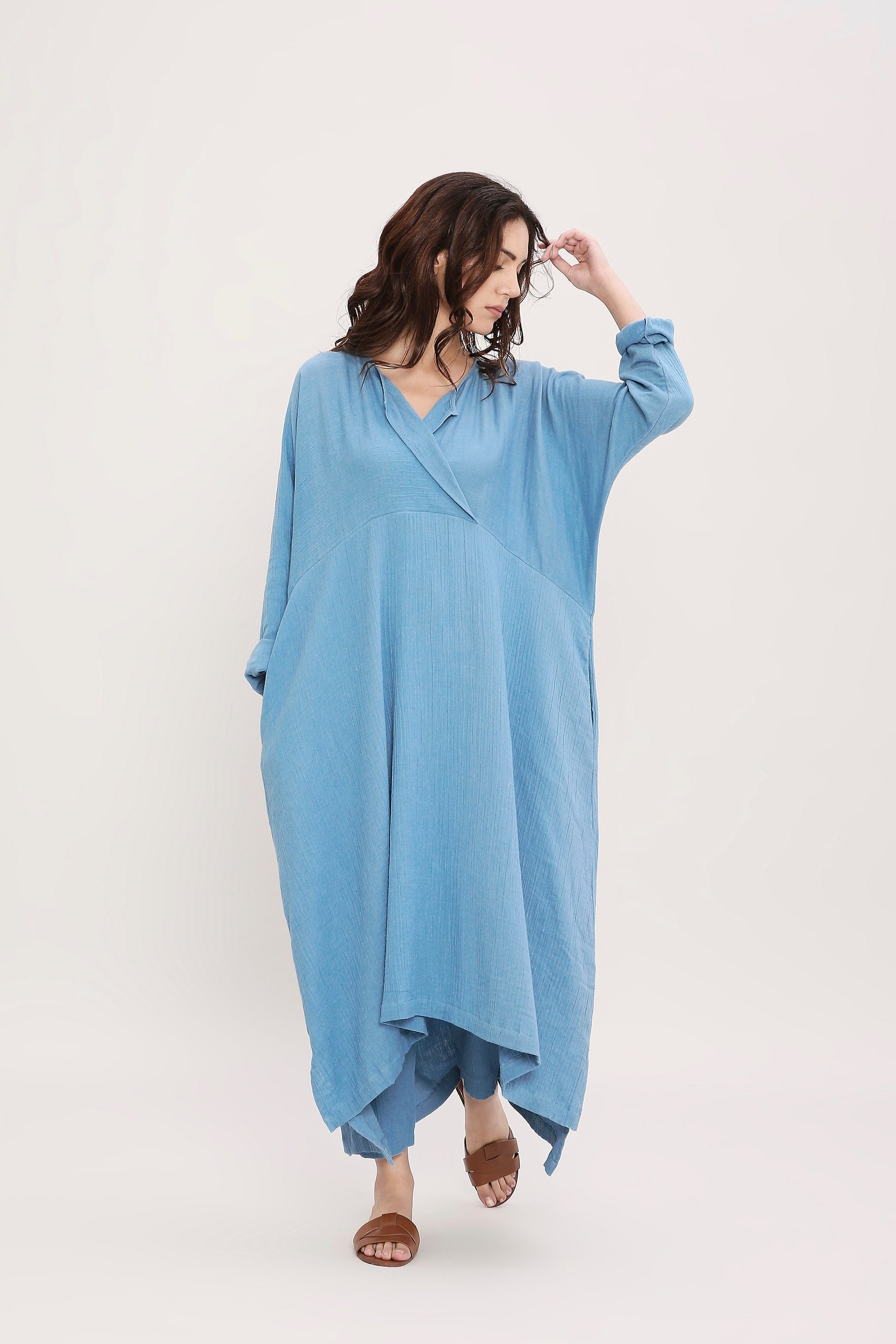 Mati Sky Blue Handwoven Cotton Kaftan Tunic Co-Ord Set Front View