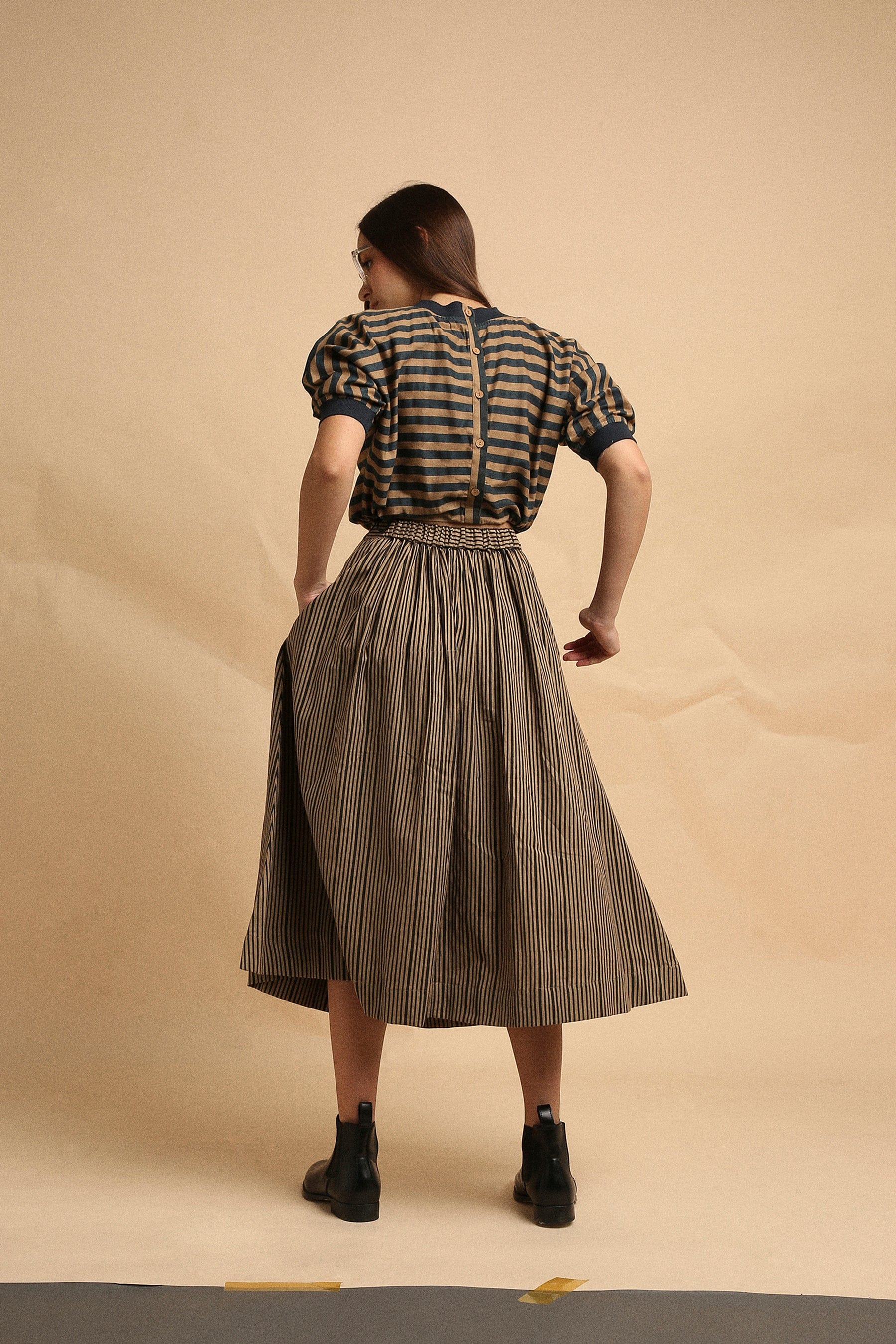Handspun cotton medium striped block print crop top and box pleat skirt co-ord in brown with rib detail, by MATI India
