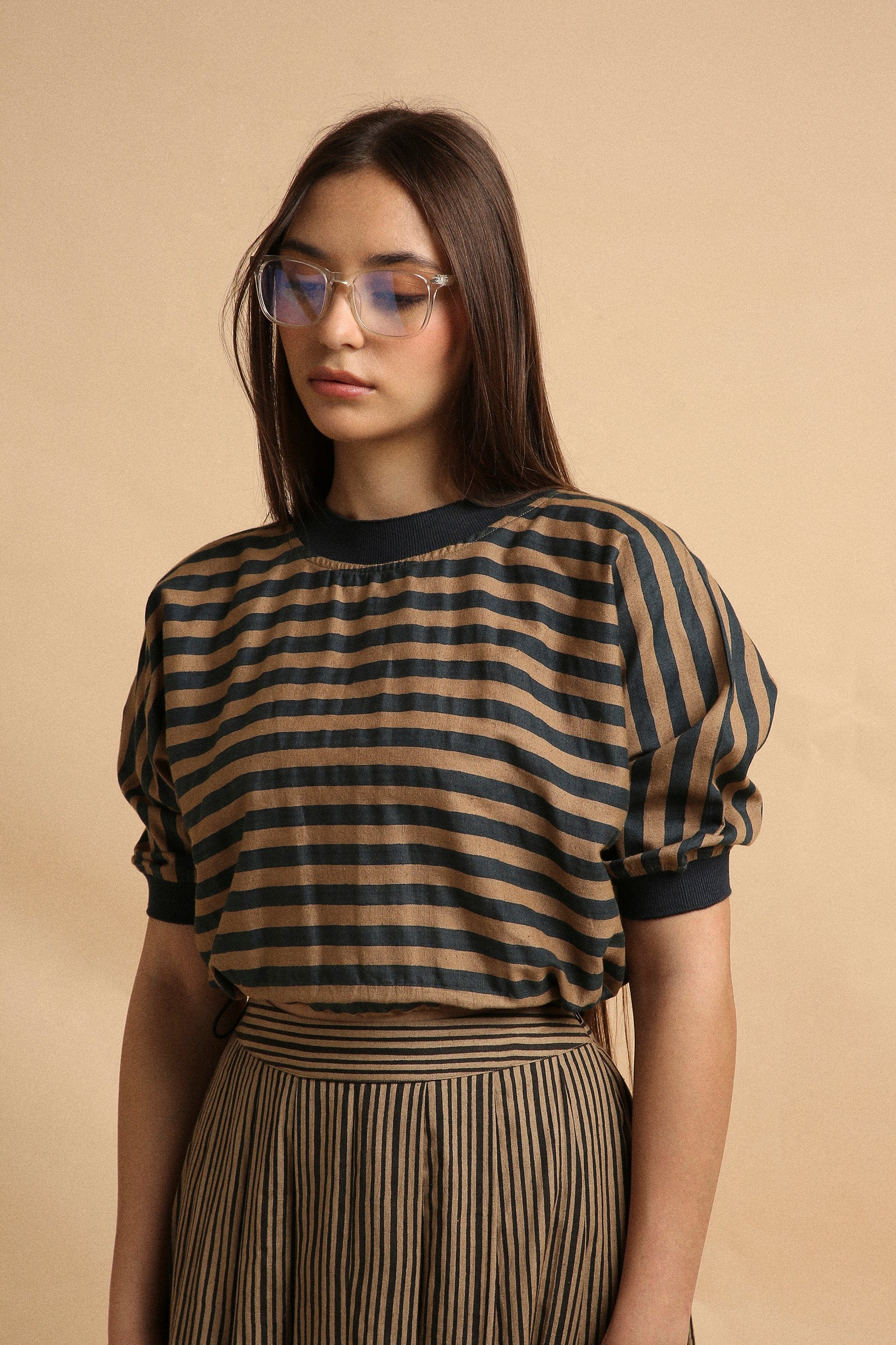 Handspun cotton medium striped block print crop top and box pleat skirt co-ord in brown with rib detail, by MATI India
