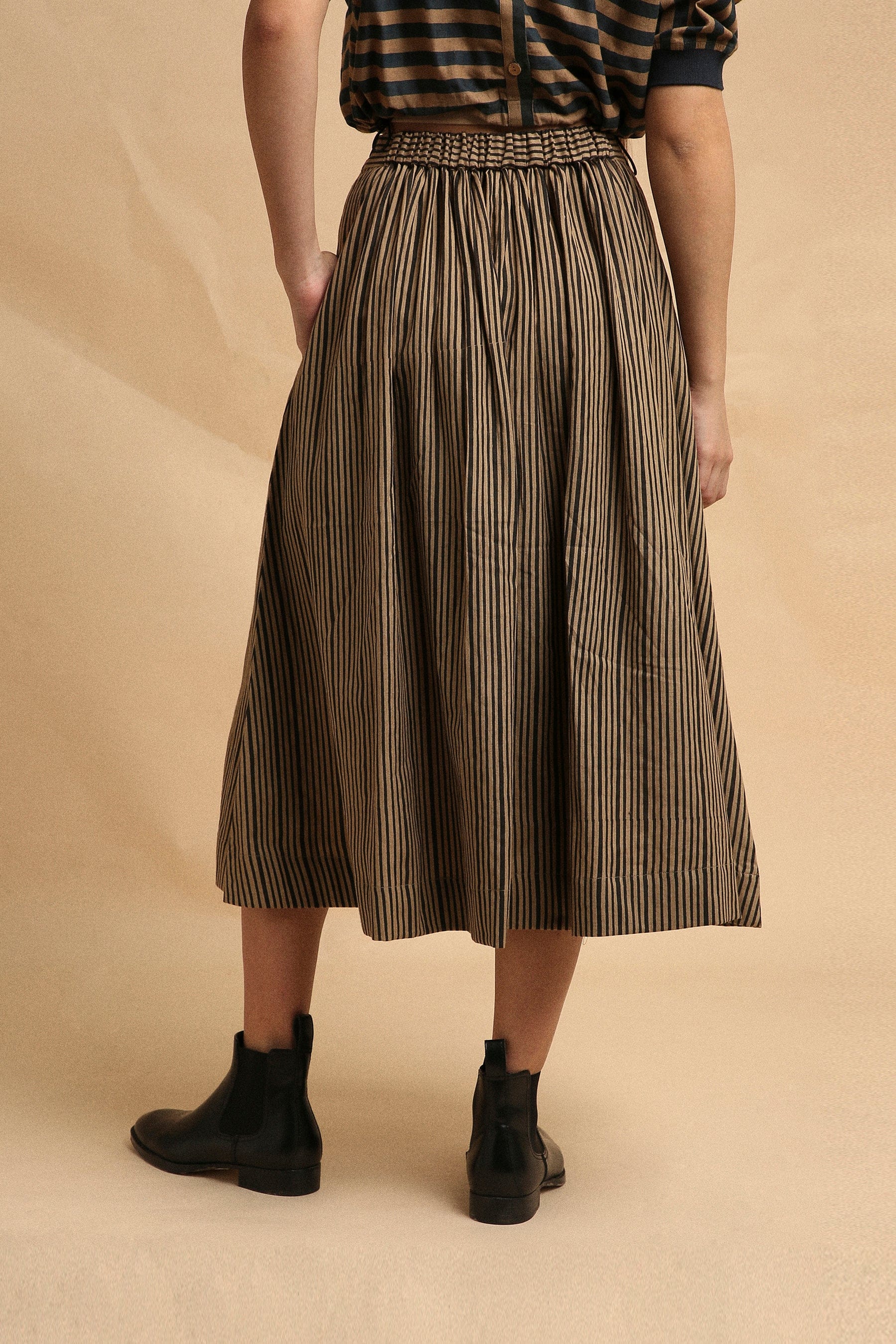 Handspun cotton medium striped block print crop top and box pleat skirt co-ord in brown with rib detail, by MATI India