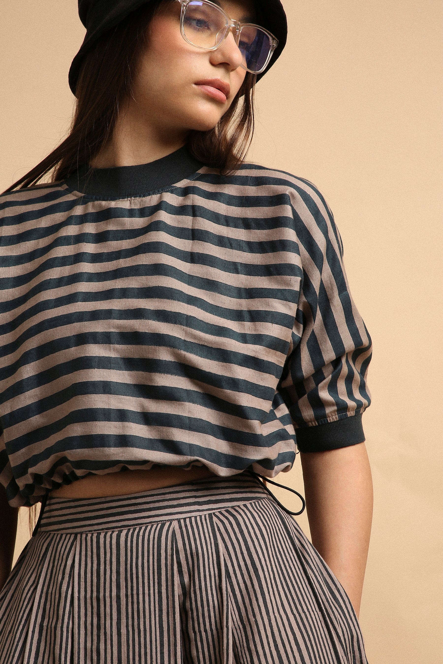 Handspun cotton medium striped block print crop top and box pleat skirt co-ord in grey with rib detail, by MATI India