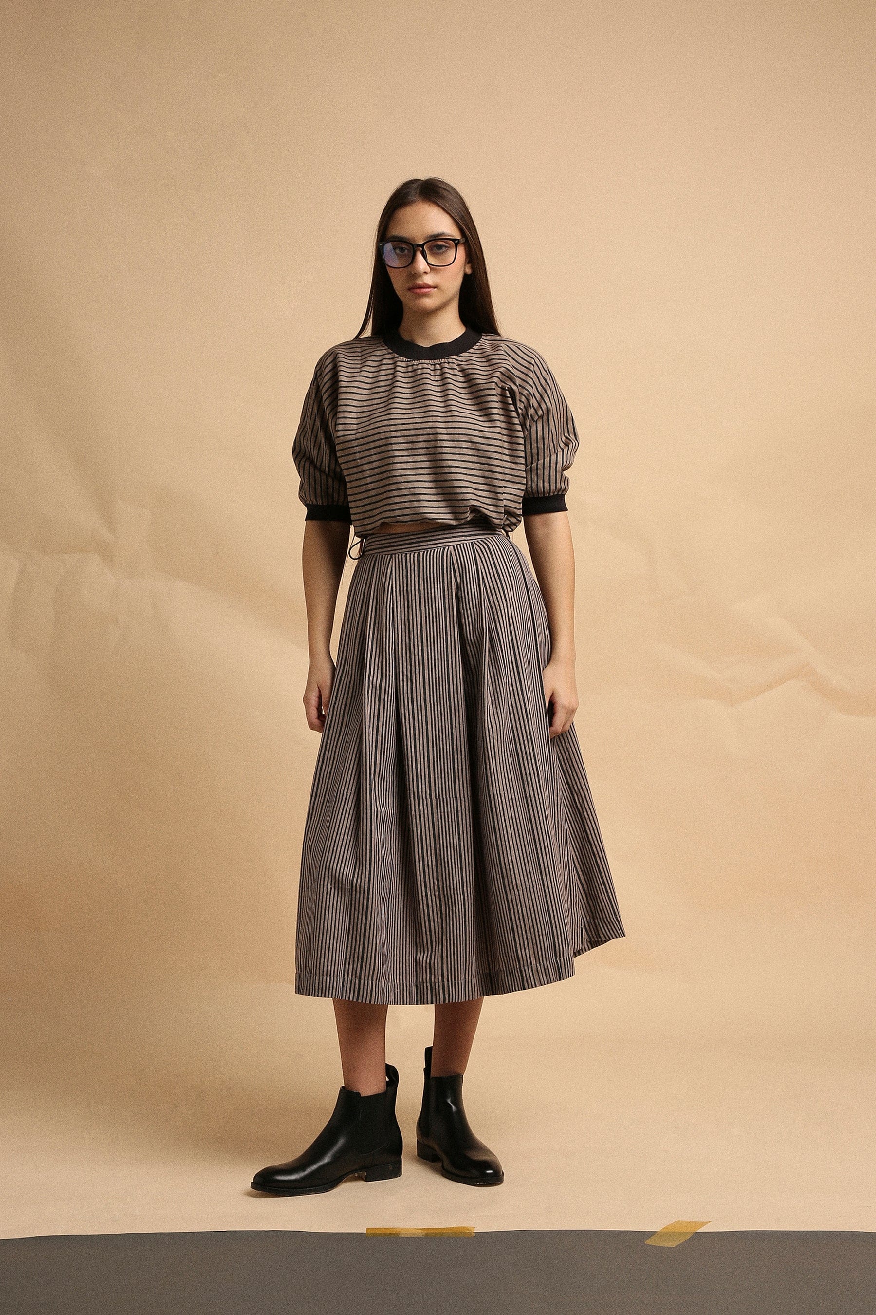 Handspun cotton thin striped block print crop top and box pleat skirt co-ord in grey, by MATI India
