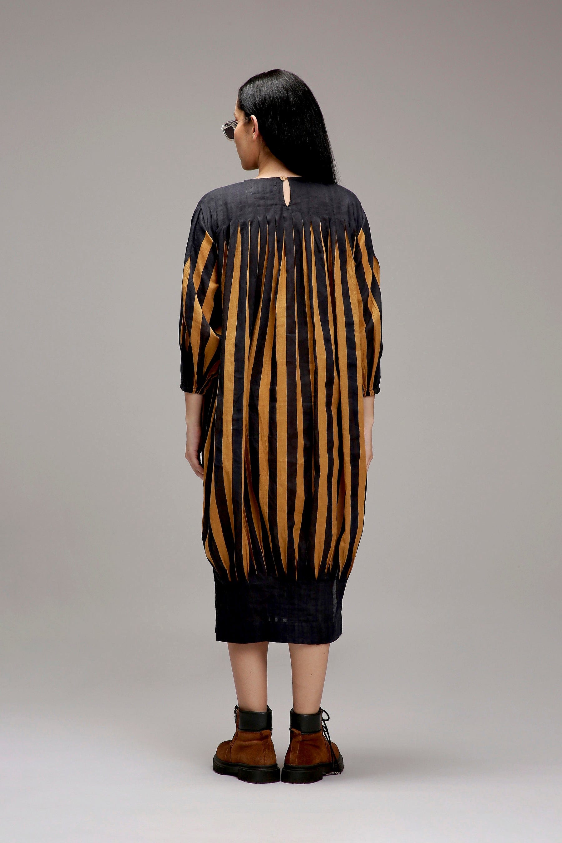 Tan-Brown Blue Striped Handwoven Cotton Balloon Dress — back view — MATI