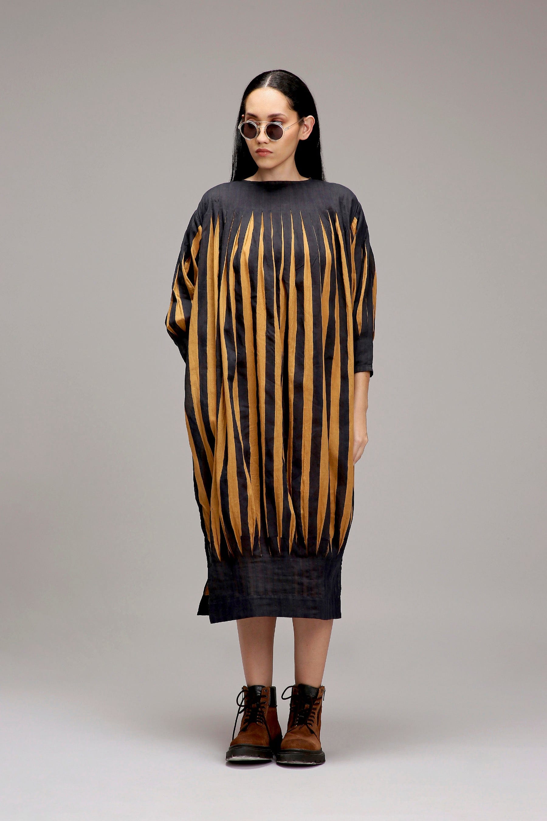 Tan-Brown Blue Striped Handwoven Cotton Balloon Dress — front view — MATI