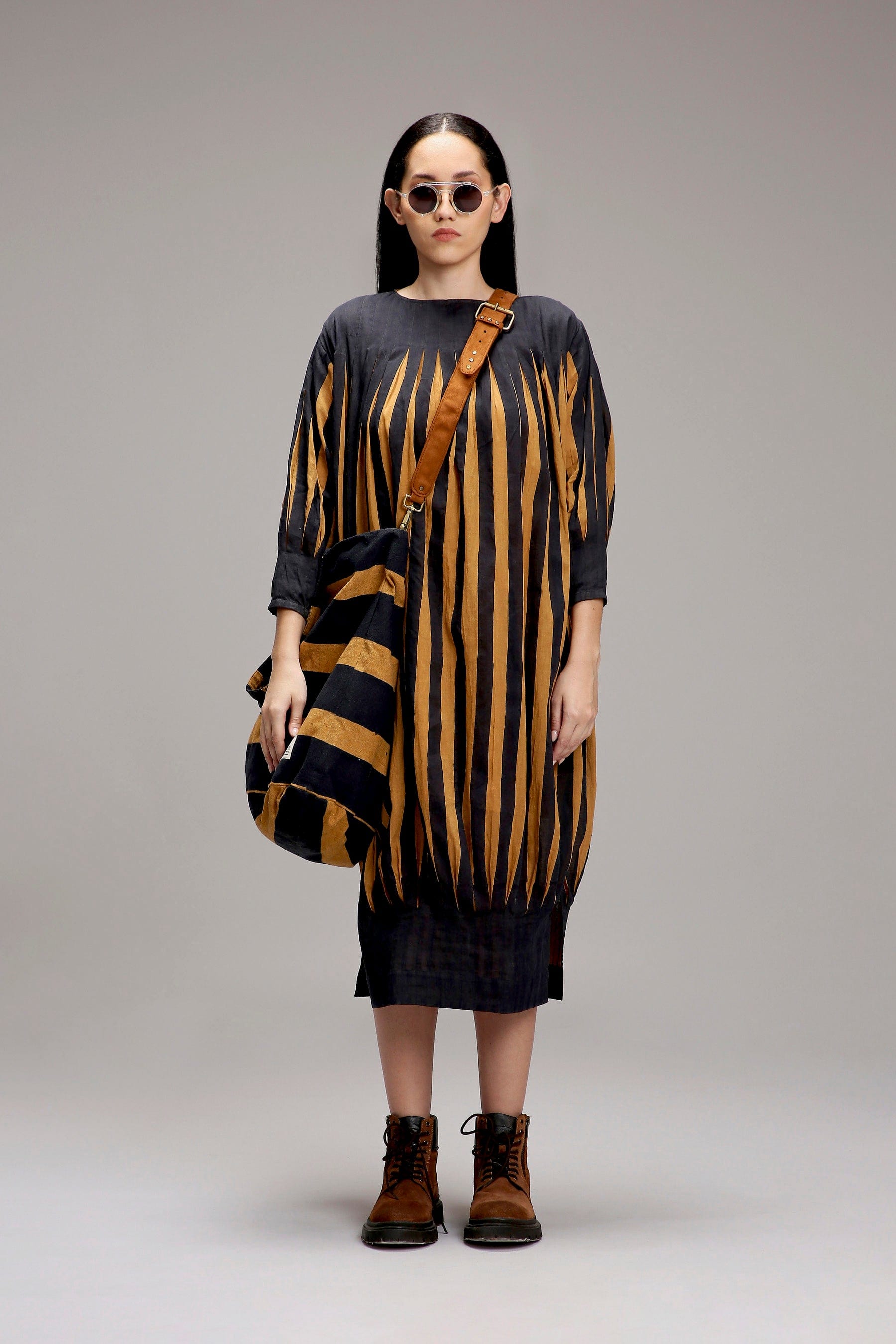 Tan-Brown Blue Striped Handwoven Cotton Balloon Dress — full length view — MATI