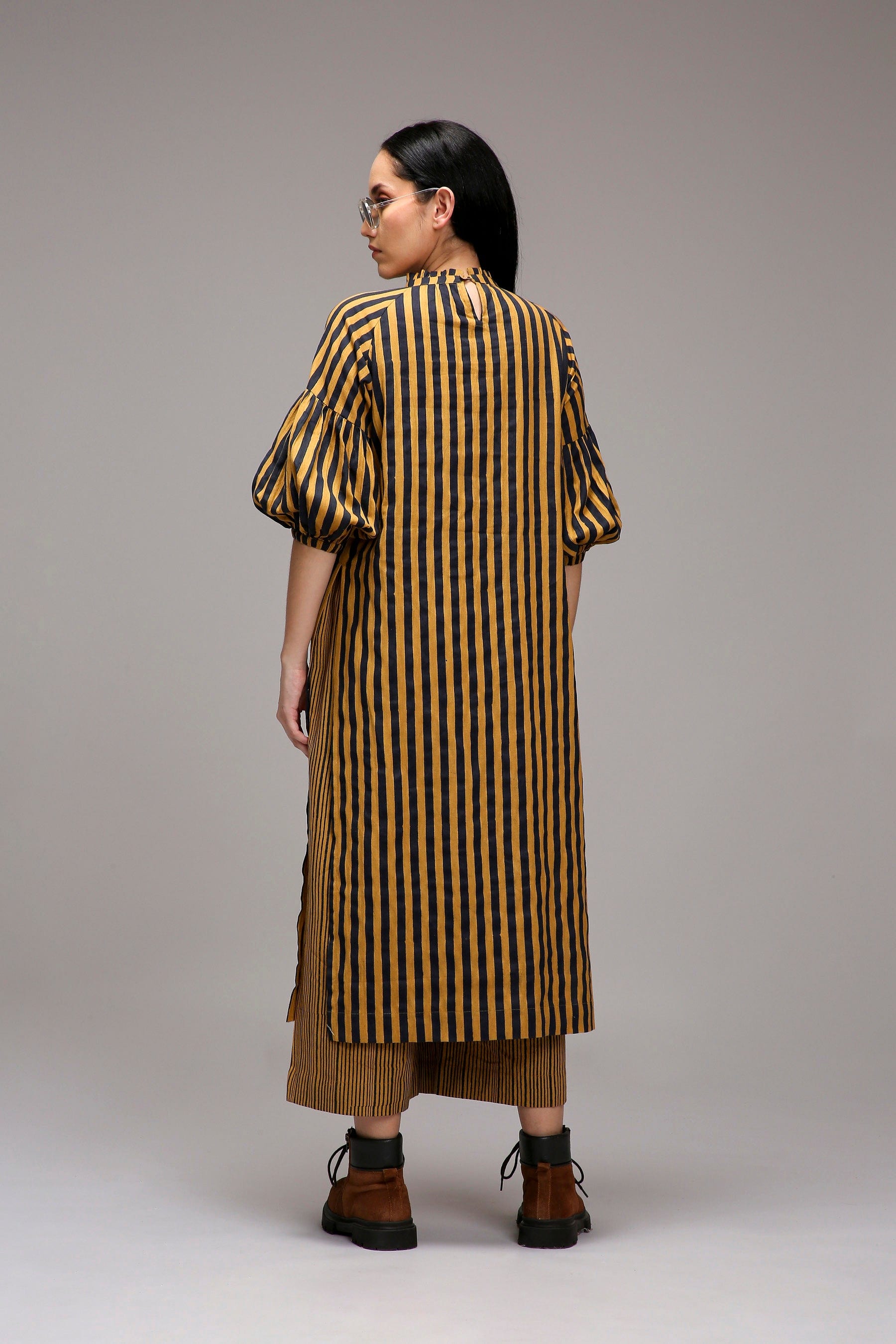 Tan Brown Blue Striped Handspun Cotton Big Joker Tunic — back view — MATI