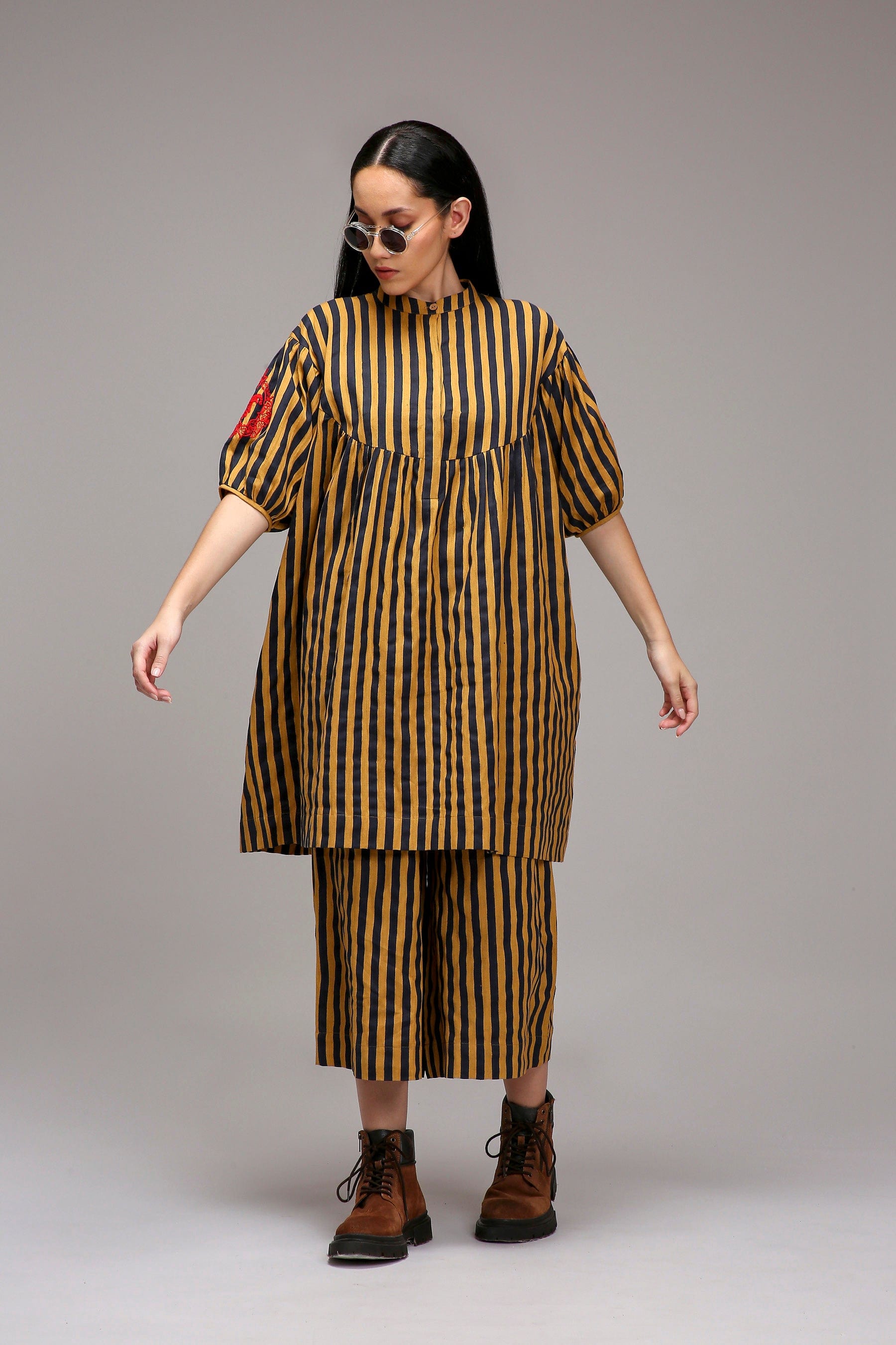 Tan-Brown Blue Striped Handspun Cotton Short Acra Tunic — front view — MATI