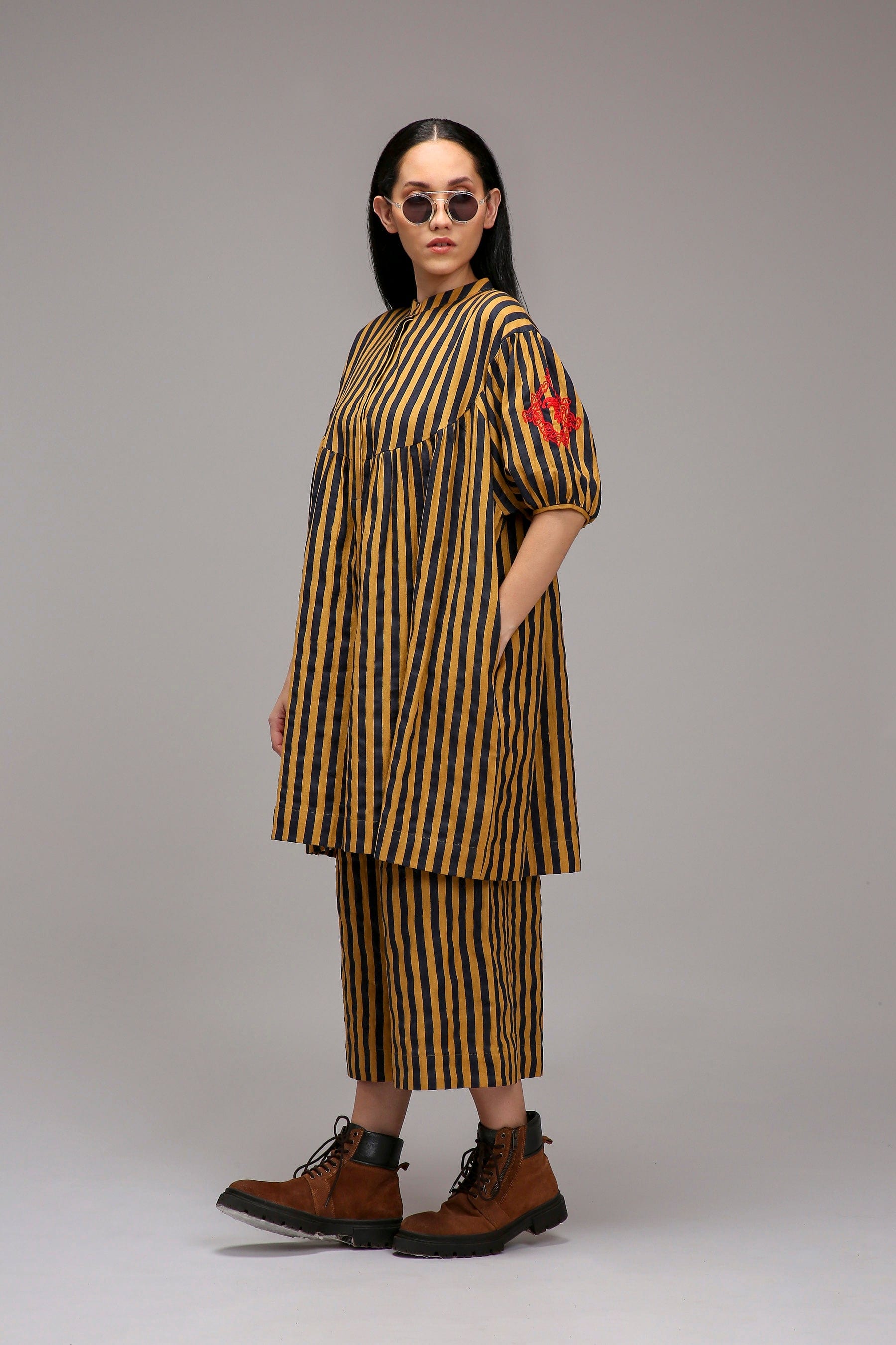 Tan-Brown Blue Striped Handspun Cotton Short Acra Tunic — full length — MATI