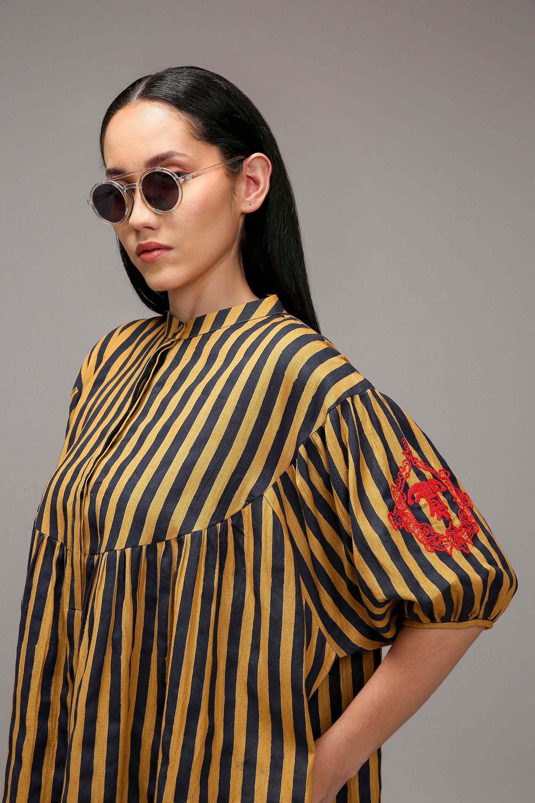 Tan-Brown Blue Striped Short Acra Tunic — side view — MATI