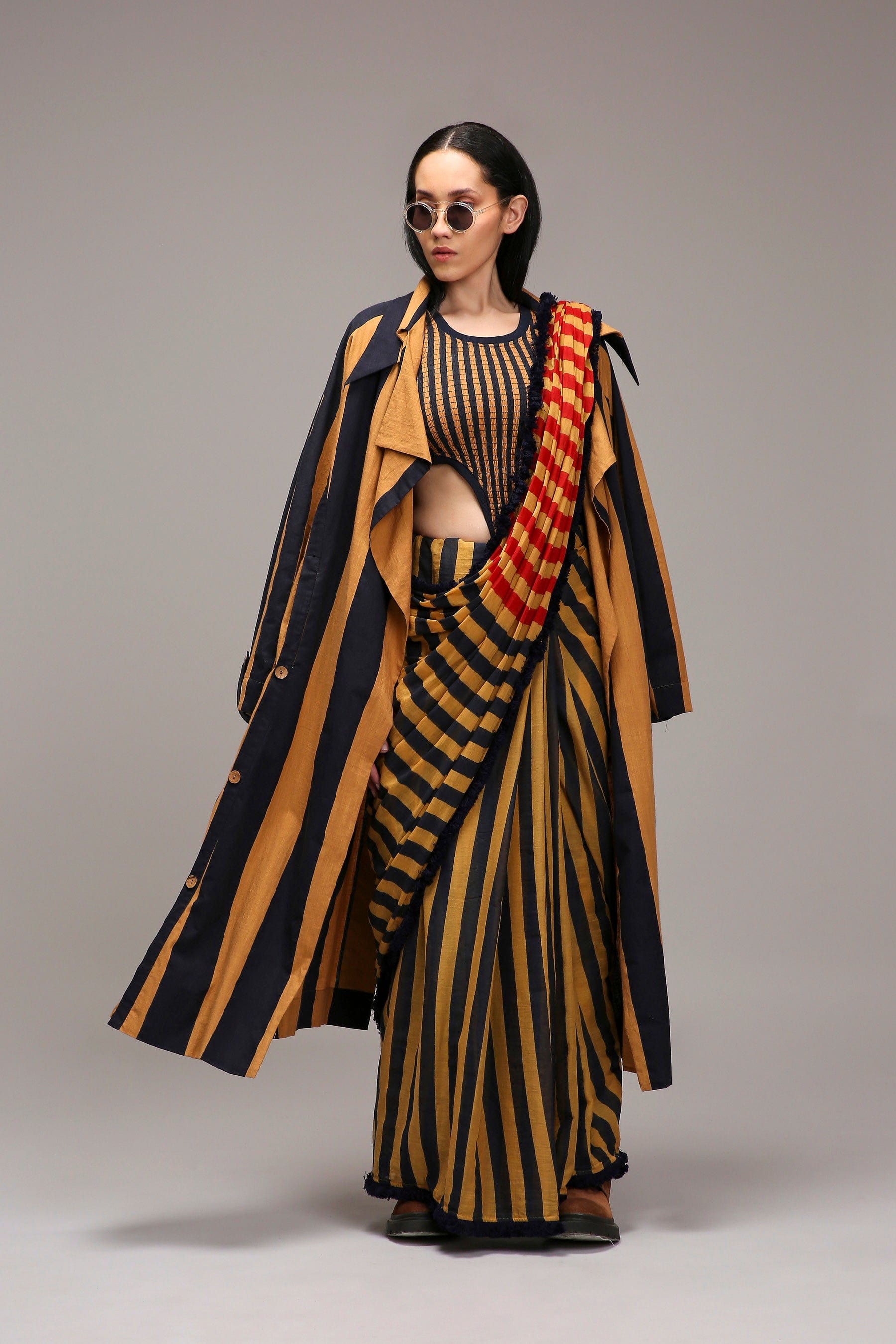 Handwoven cotton bodysuit saree set Tan-Brown (Brown) with joker trench jacket by MATI India