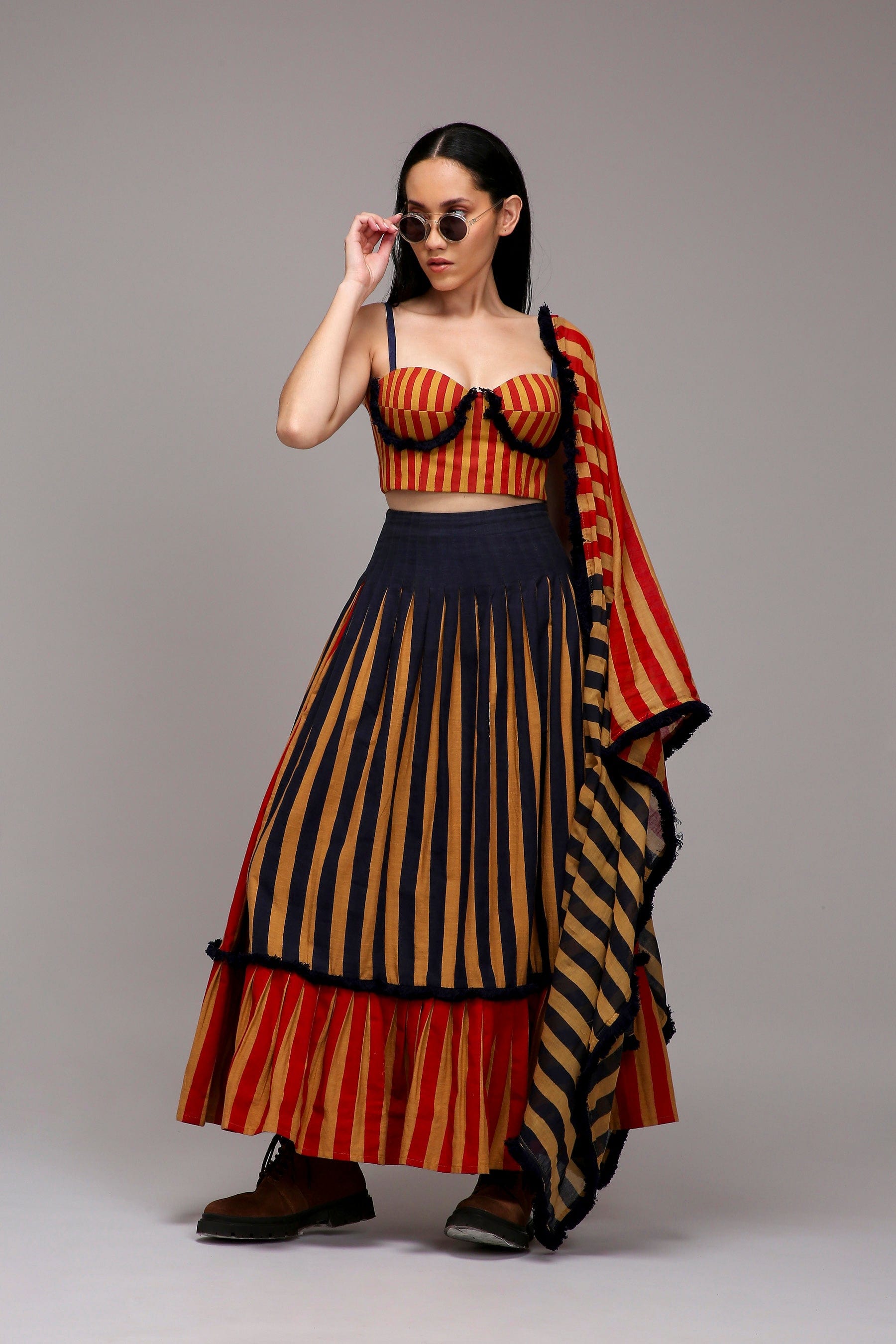 Handwoven cotton 3-piece corset skirt set Tan-Brown (Brown) with dual striped stole by MATI India