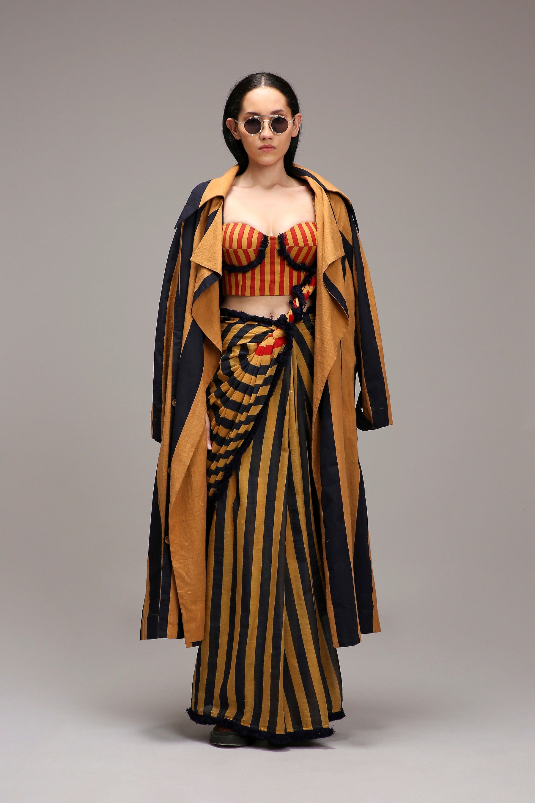 Handwoven cotton 3-piece corset saree set Tan-Brown (Brown) with joker trench jacket and fringed corset by MATI India