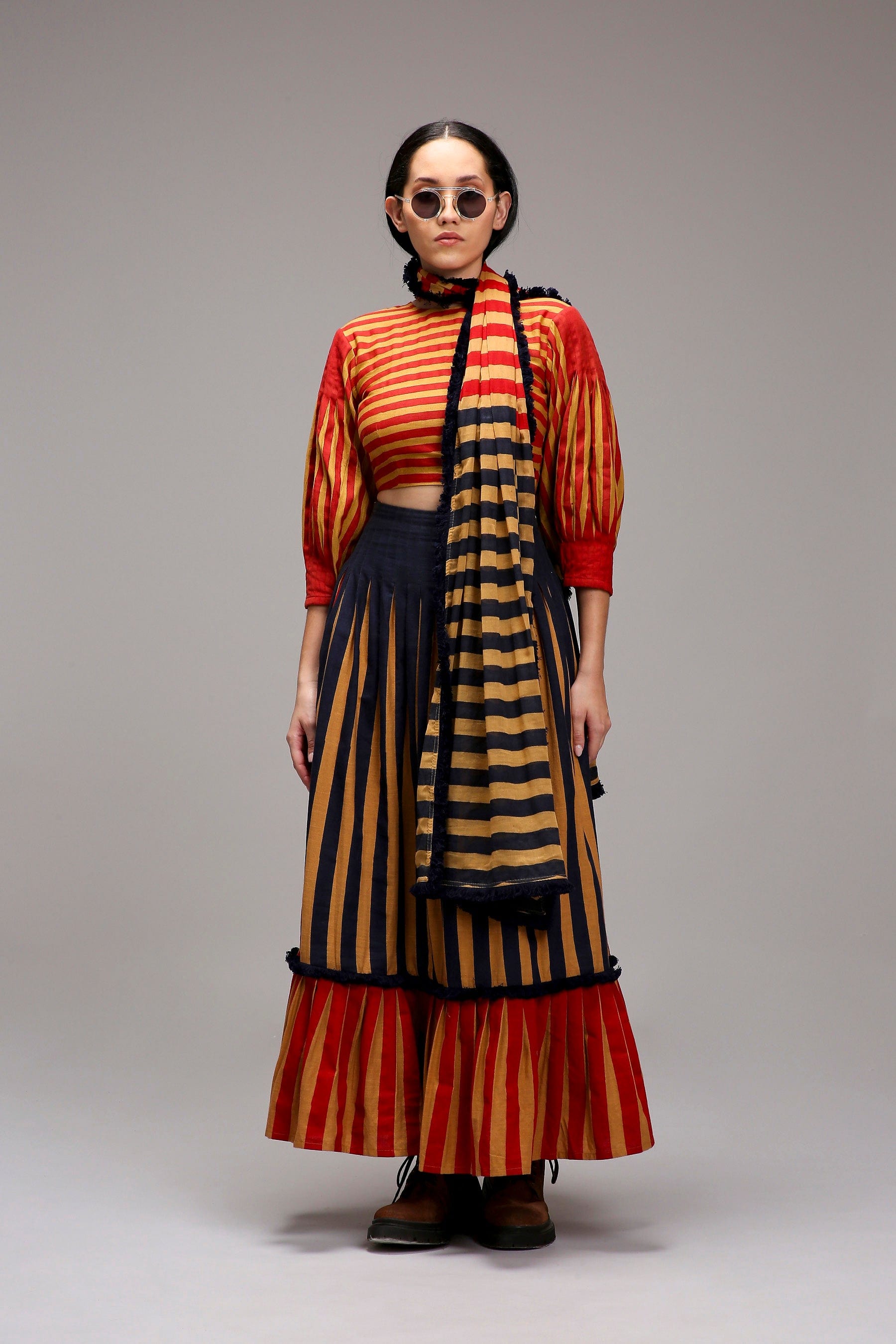 Handwoven cotton 3-piece crop top skirt set Tan-Brown (Brown) with dual striped stole by MATI India
