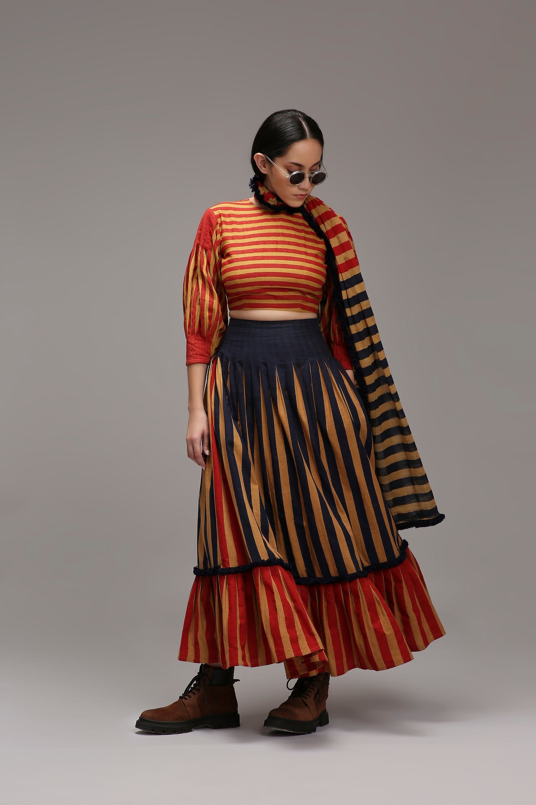 Handwoven cotton 3-piece crop top skirt set Tan-Brown (Brown) with dual striped stole by MATI India