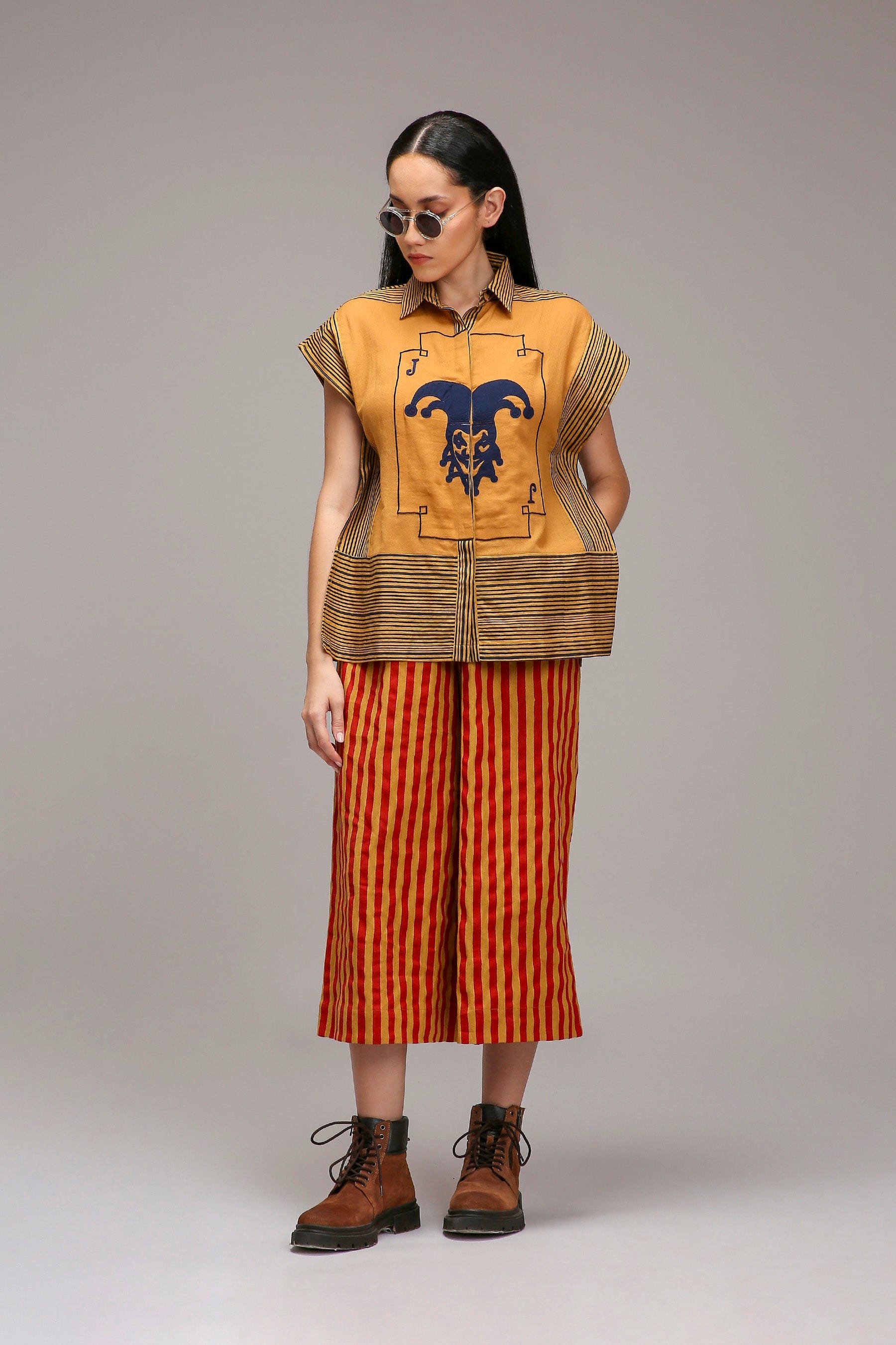 Tan-Brown Joker Shirt and Capre Pants Set in Handwoven Cotton - Size XS-7XL - front view - MATI India