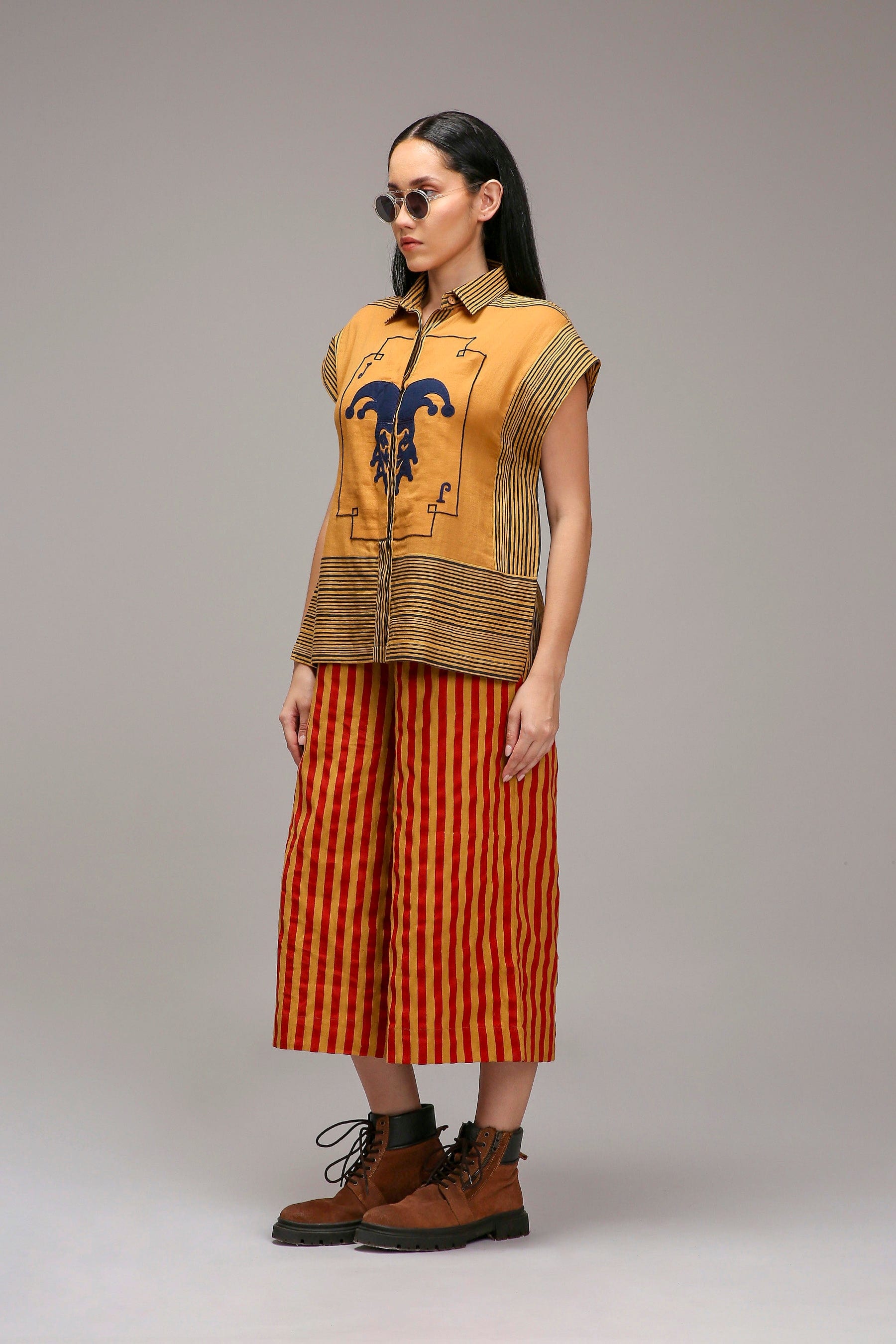 Tan-Brown Joker Shirt and Capre Pants Set in Handwoven Cotton - Size XS-7XL - side view - MATI India