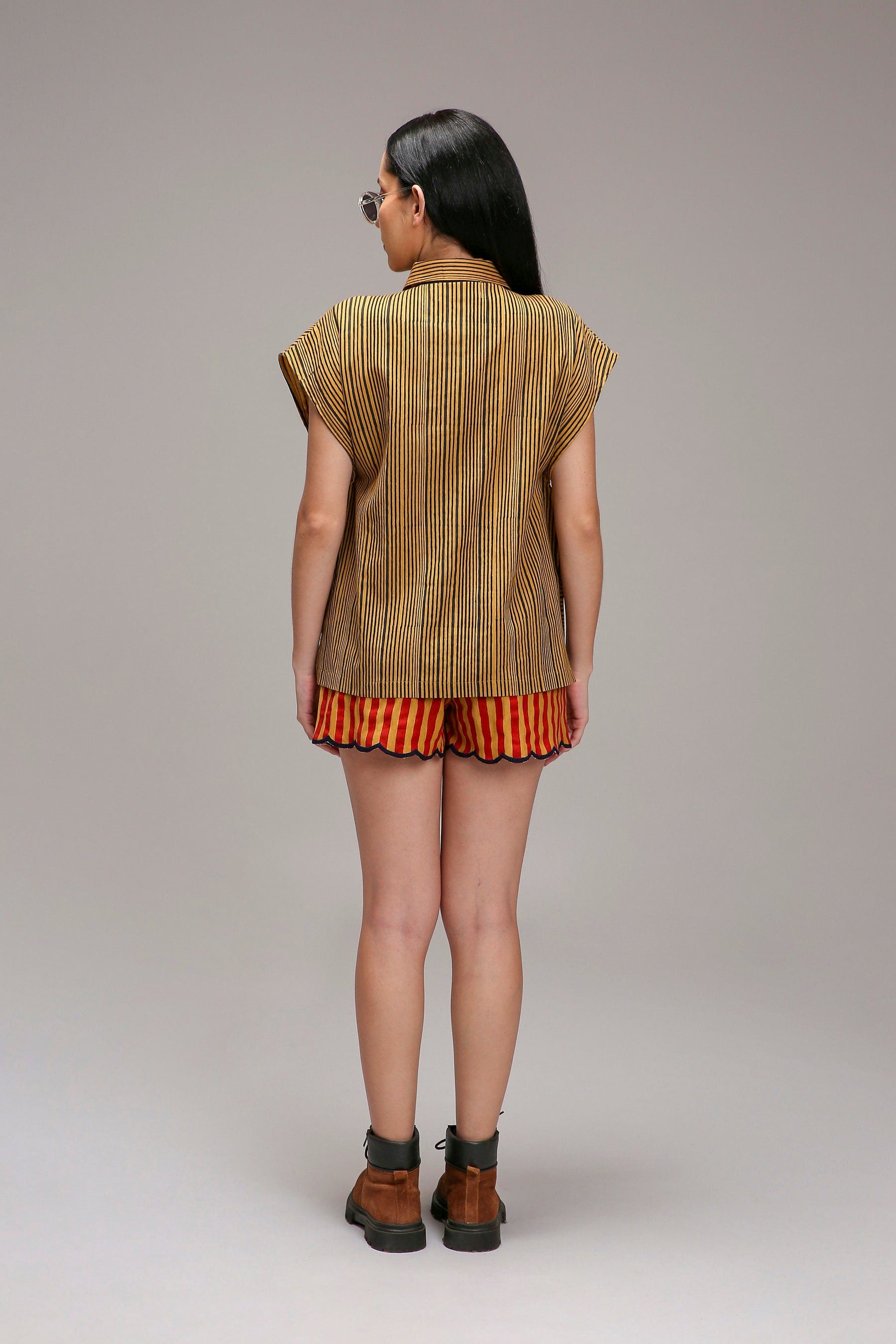 Tan-Brown Joker Hand Embroidered Shirt and Shorts Co-Ord Set in Sustainable Handwoven Cotton - Size XS-7XL - Back View - MATI