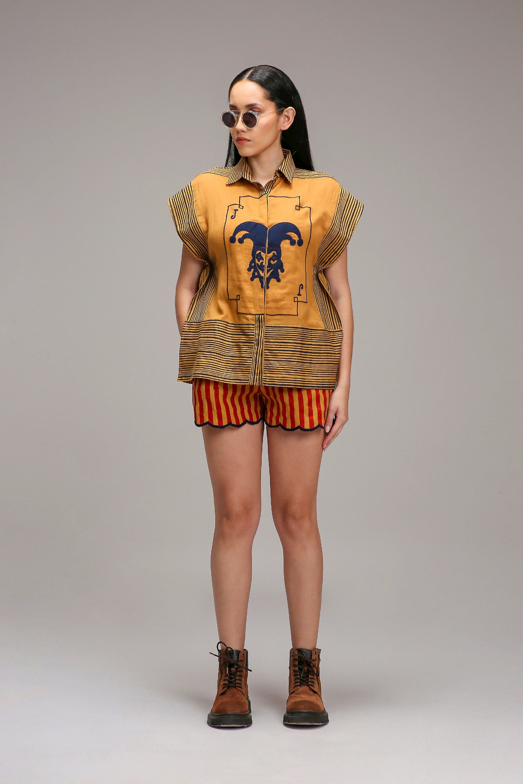 Tan-Brown Joker Hand Embroidered Shirt and Shorts Co-Ord Set in Sustainable Handwoven Cotton - Size XS-7XL - Front View - MATI