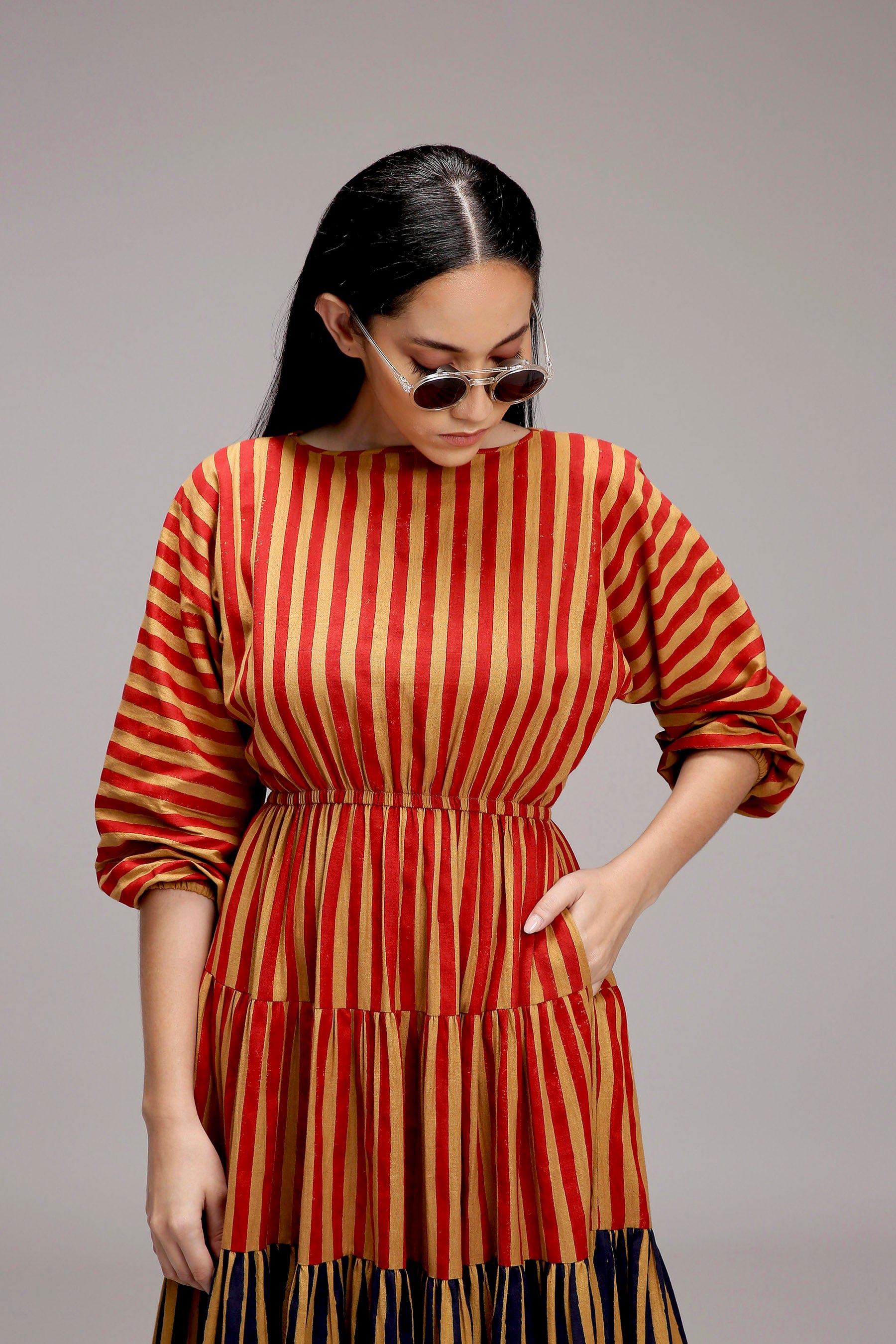 Tan-Brown Red & Blue Tiered Handcrafted Dress from Handwoven Organic Cotton - front detail view - MATI