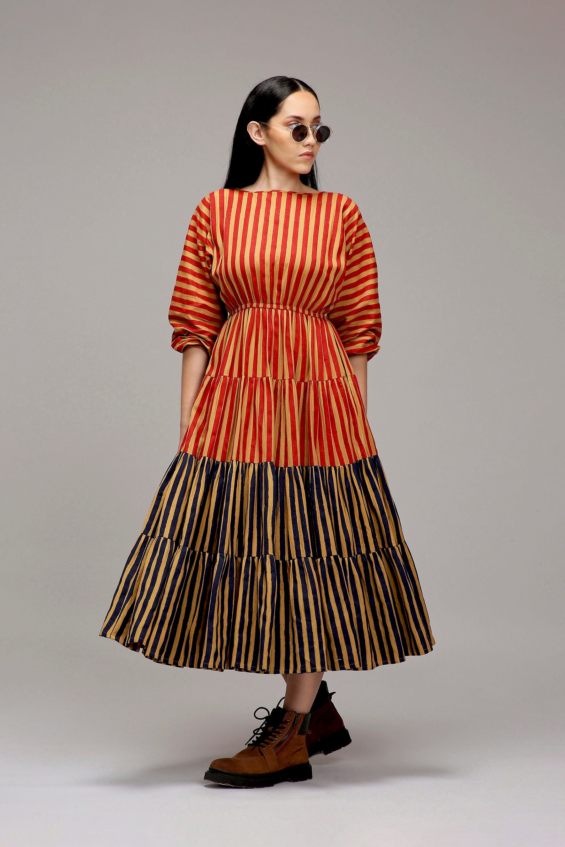 Tan-Brown Red & Blue Tiered Handcrafted Dress from Handwoven Organic Cotton - front view - MATI