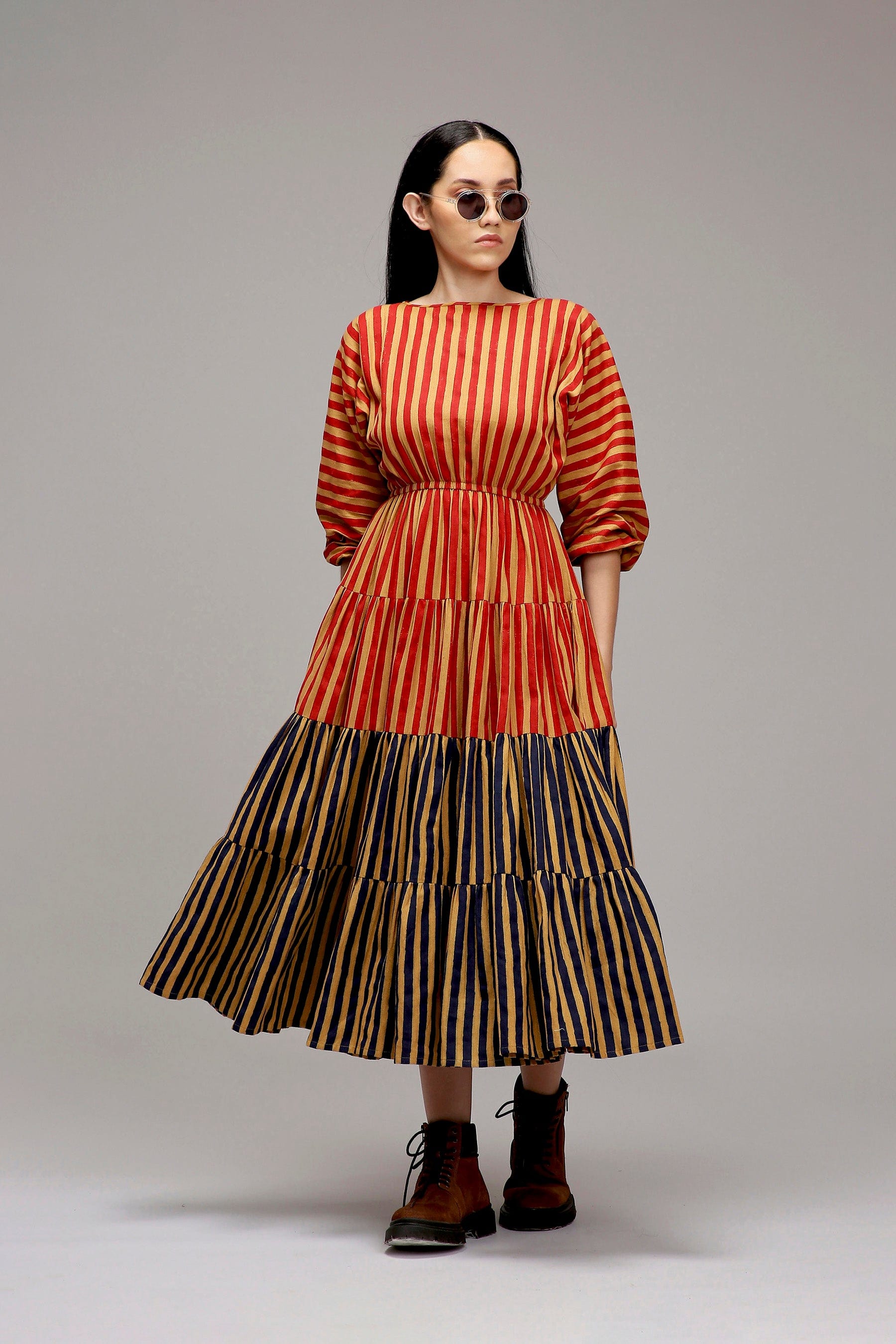 Tan-Brown Red & Blue Tiered Handcrafted Dress from Handwoven Organic Cotton - full length view - MATI