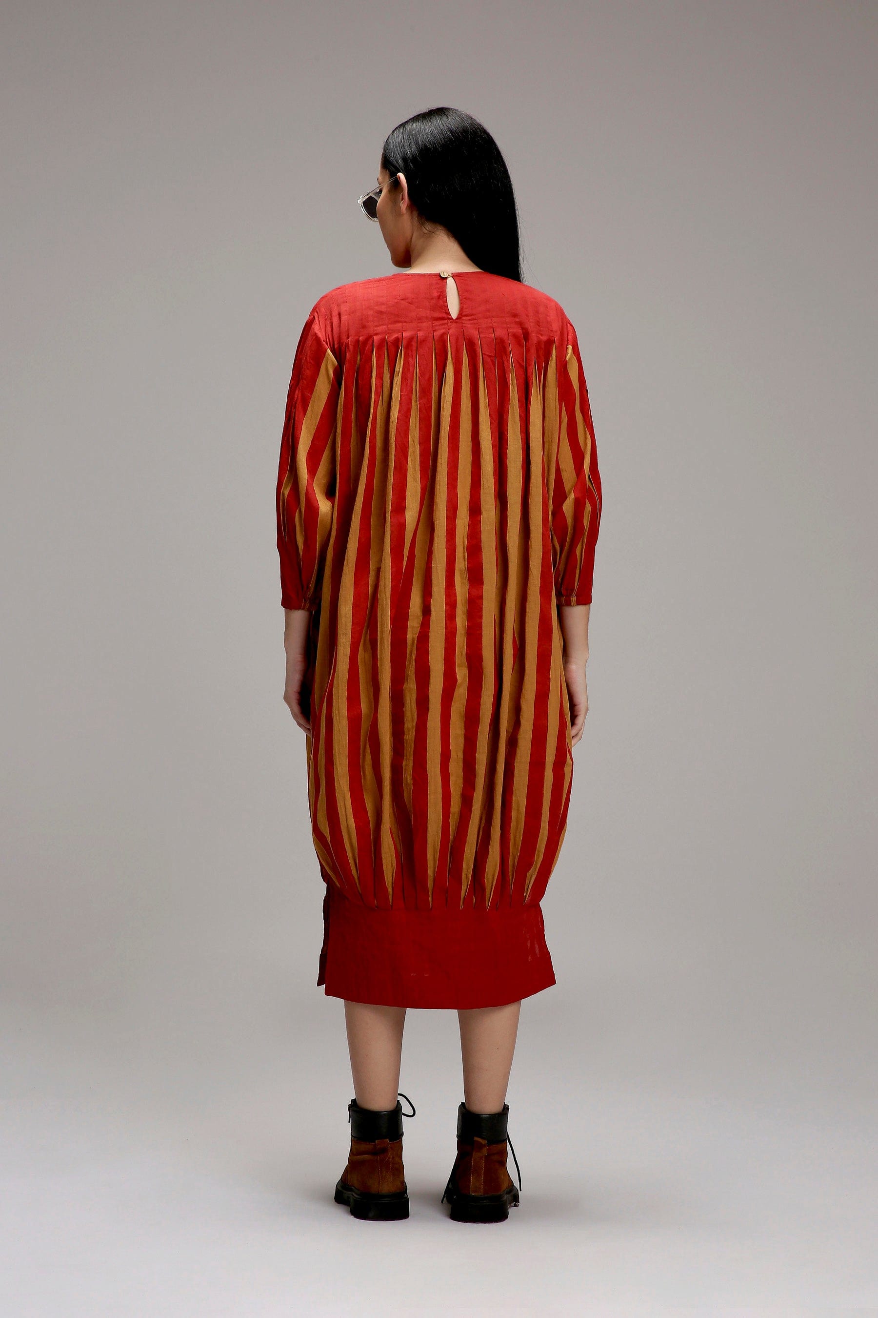 Tan-Brown Red Striped Balloon Dress — back button opening — MATI