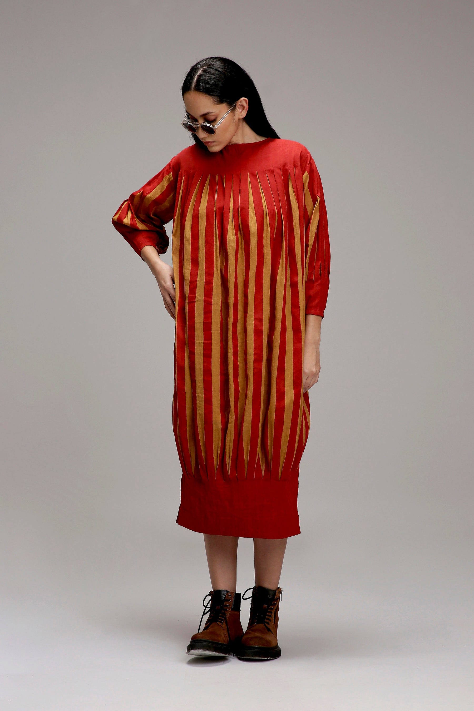 Tan-Brown Red Striped Balloon Dress — side slit detail — MATI