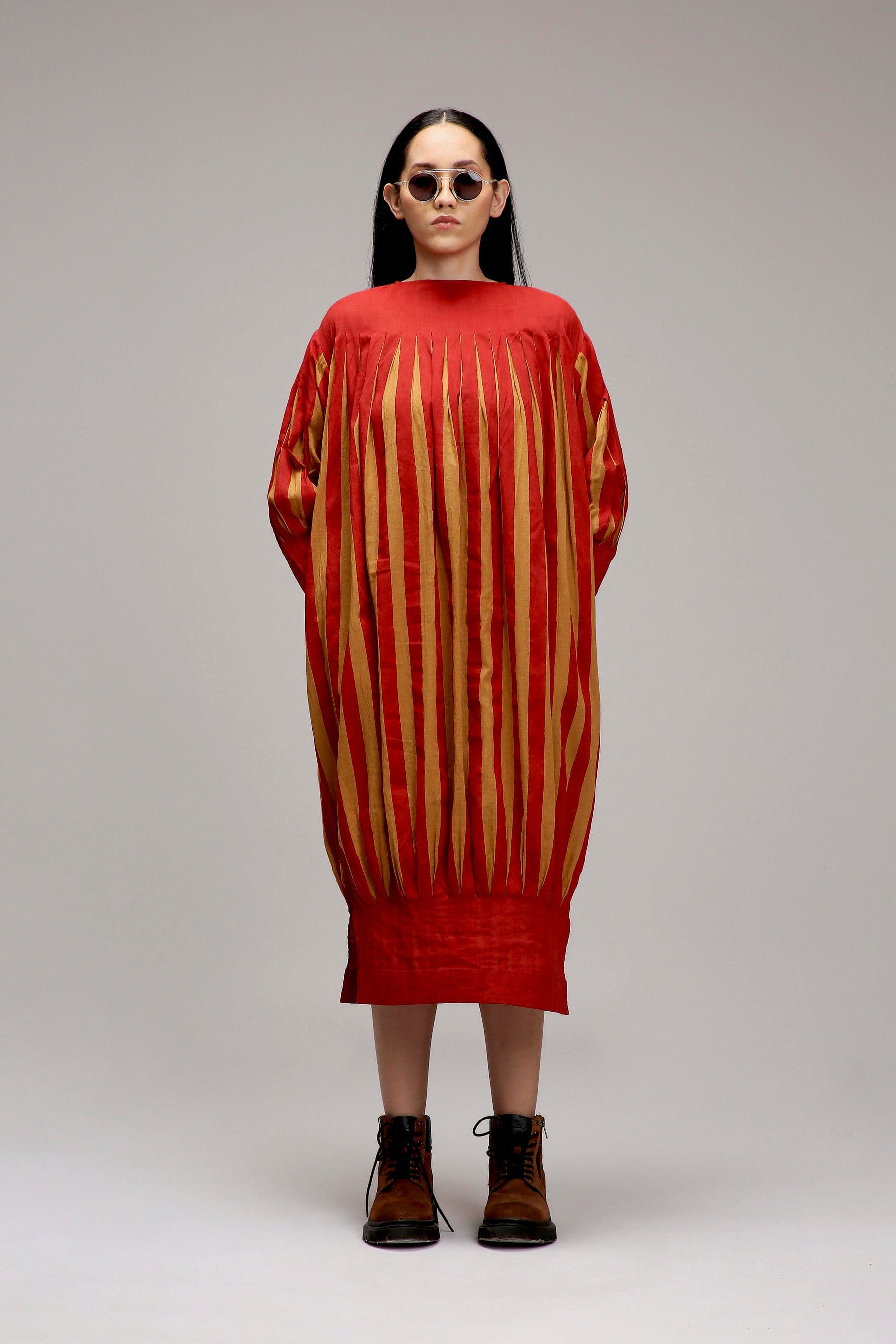 Tan-Brown Red Striped Handwoven Cotton Balloon Dress — full length — MATI
