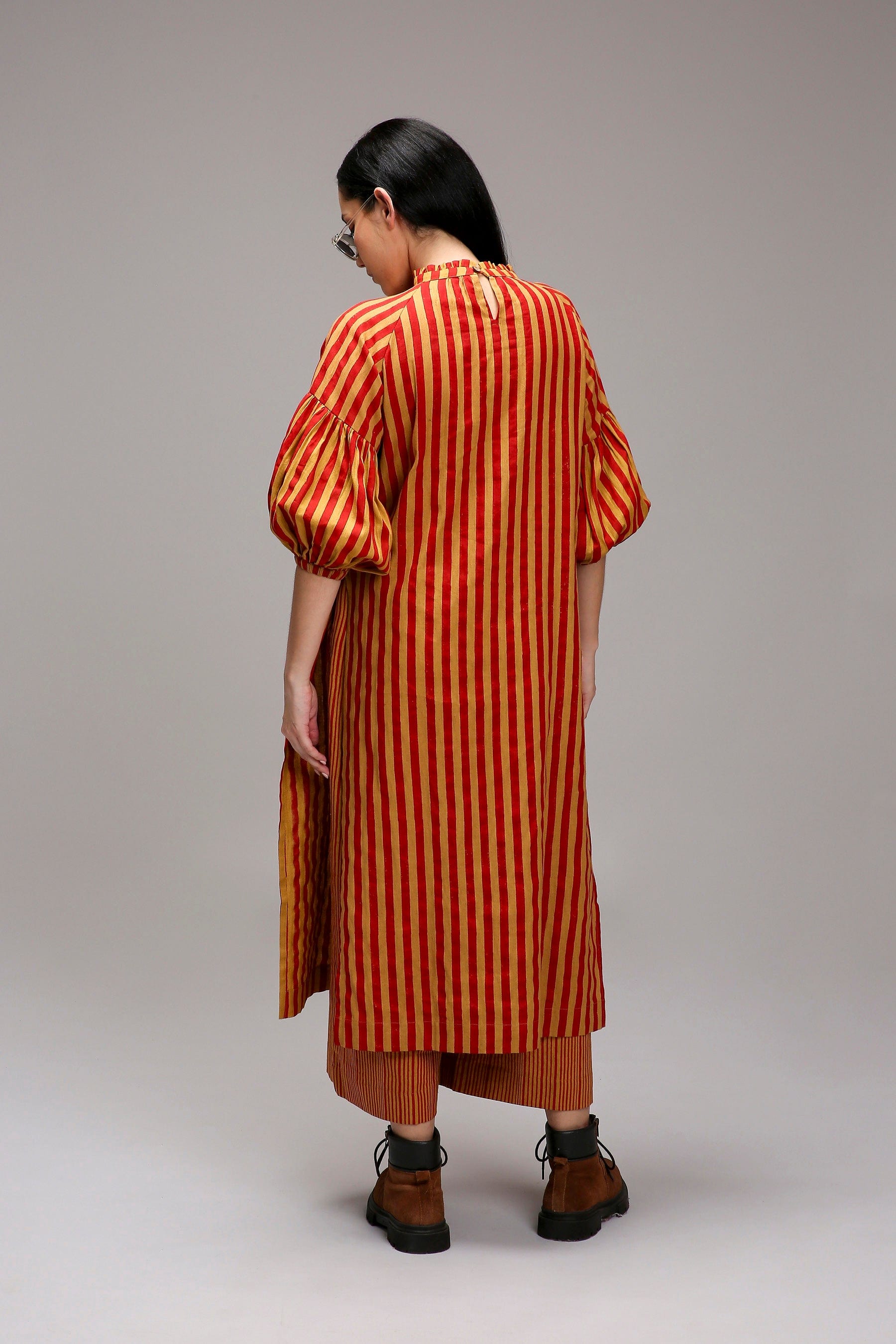 Tan-Brown Red Striped Handspun Cotton Big Joker Tunic — back view — MATI