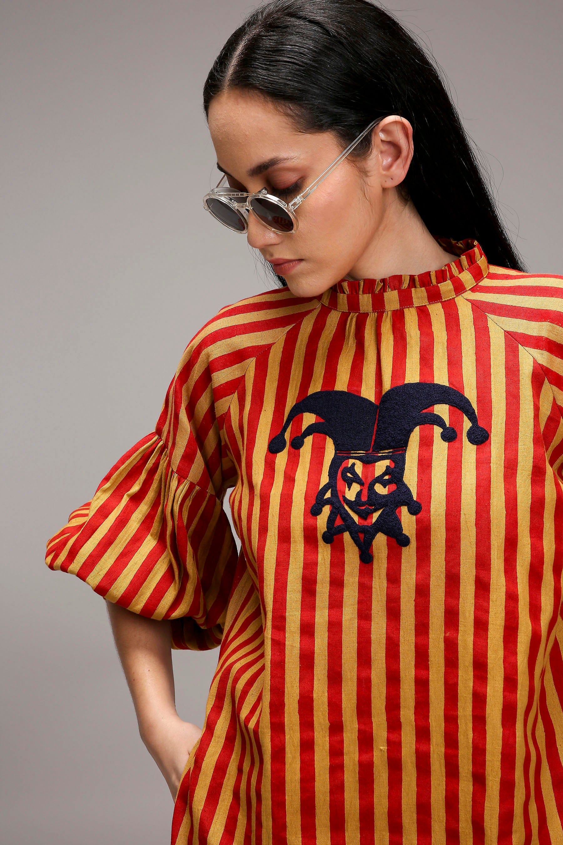 Tan-Brown Red Striped Handspun Cotton Big Joker Tunic — full detail length — MATI