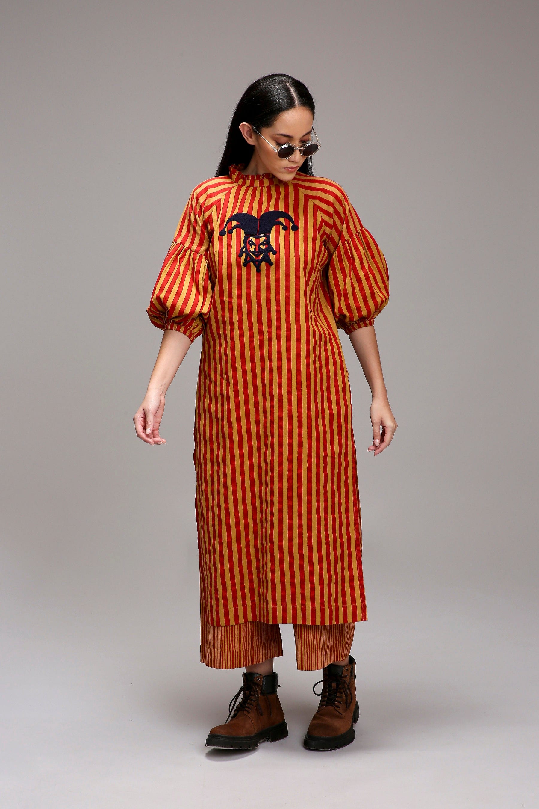 Tan-Brown Red Striped Handspun Cotton Big Joker Tunic — front view 2 — MATI