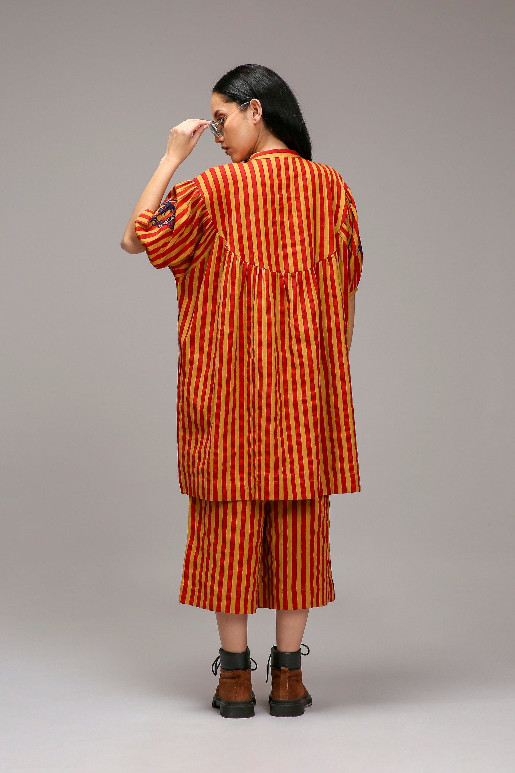Tan-Brown Blue Striped Handspun Cotton Short Acra Tunic — back view — MATI