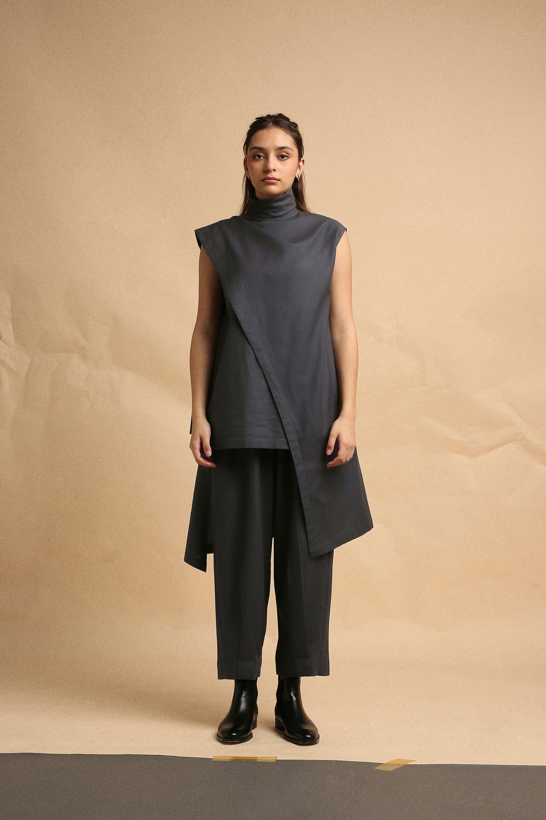 Handwoven cotton Toga tunic and pleated pants co-ord set in ash grey with high-low hem and turtle neck, by MATI India