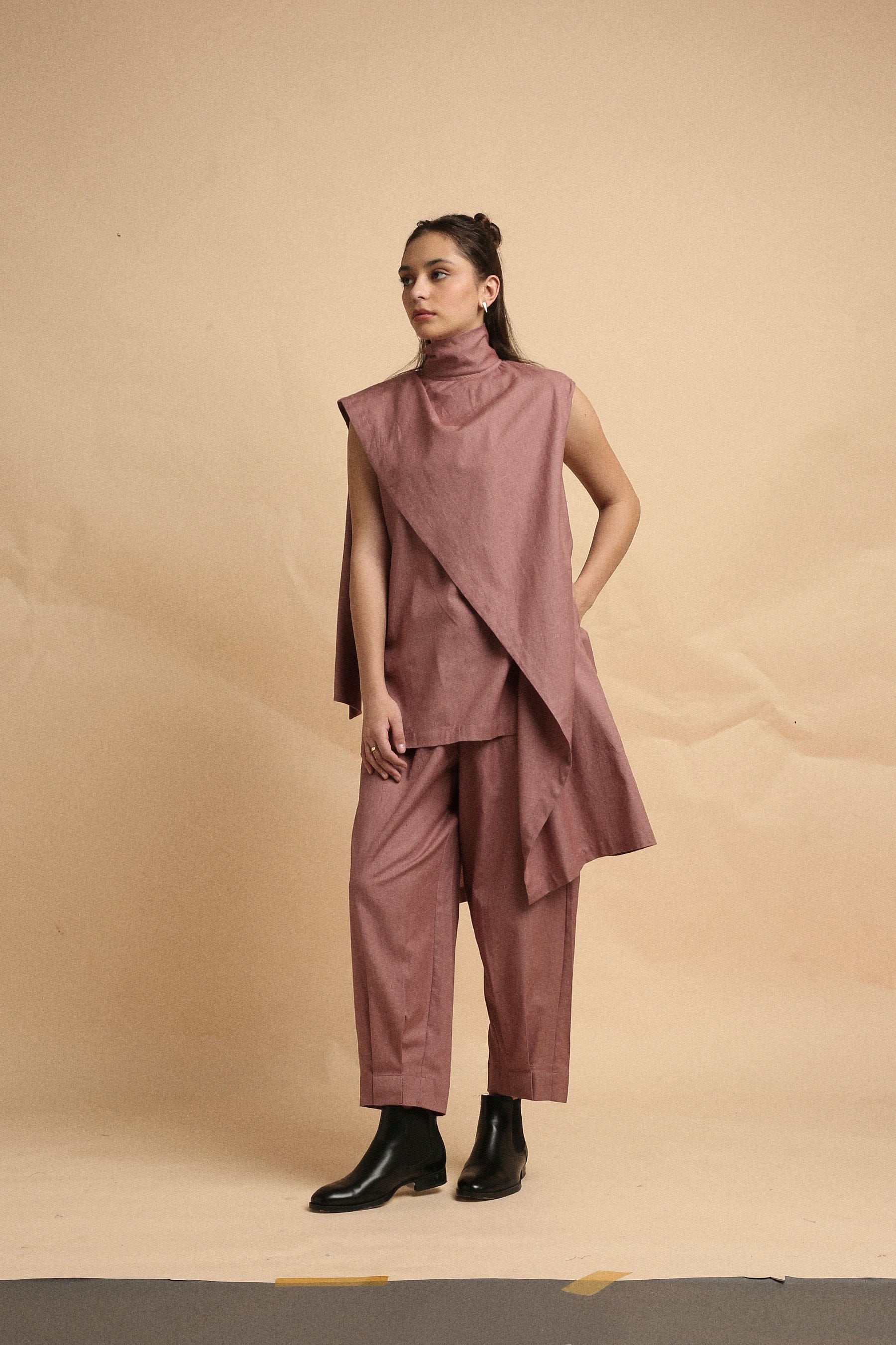 Handwoven cotton Toga tunic and pleated pants co-ord set in blush with high-low hem and turtle neck, by MATI India