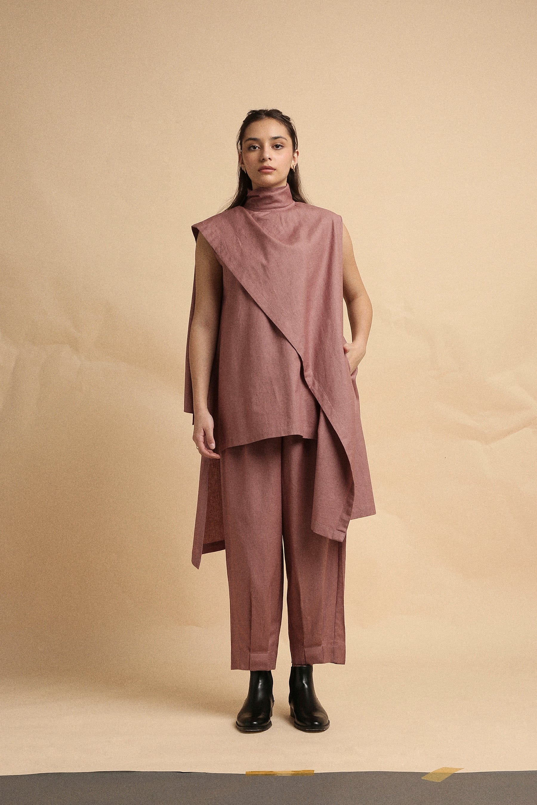 Handwoven cotton Toga tunic and pleated pants co-ord set in blush with high-low hem and turtle neck, by MATI India