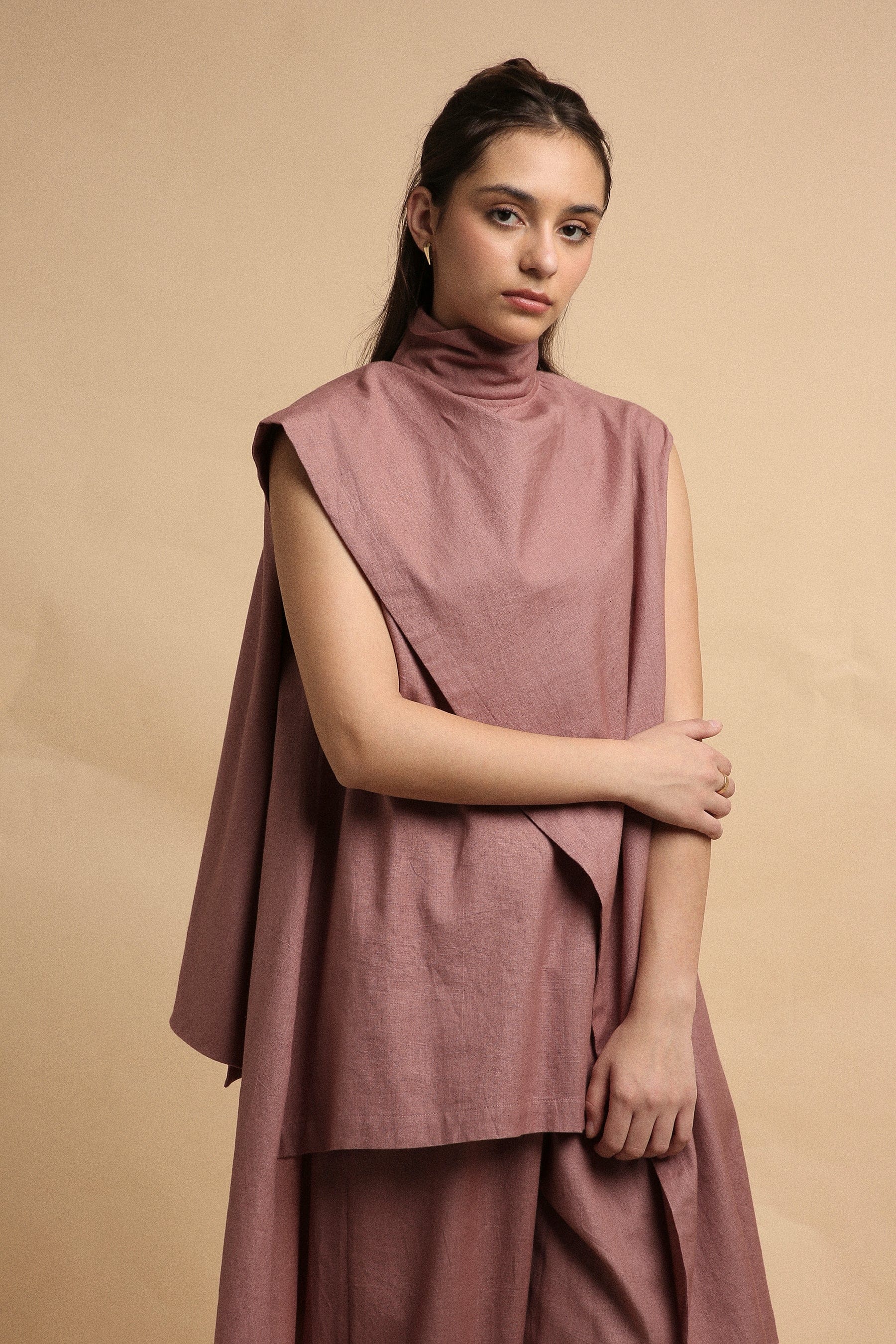 Handwoven cotton Toga tunic and pleated pants co-ord set in blush with high-low hem and turtle neck, by MATI India