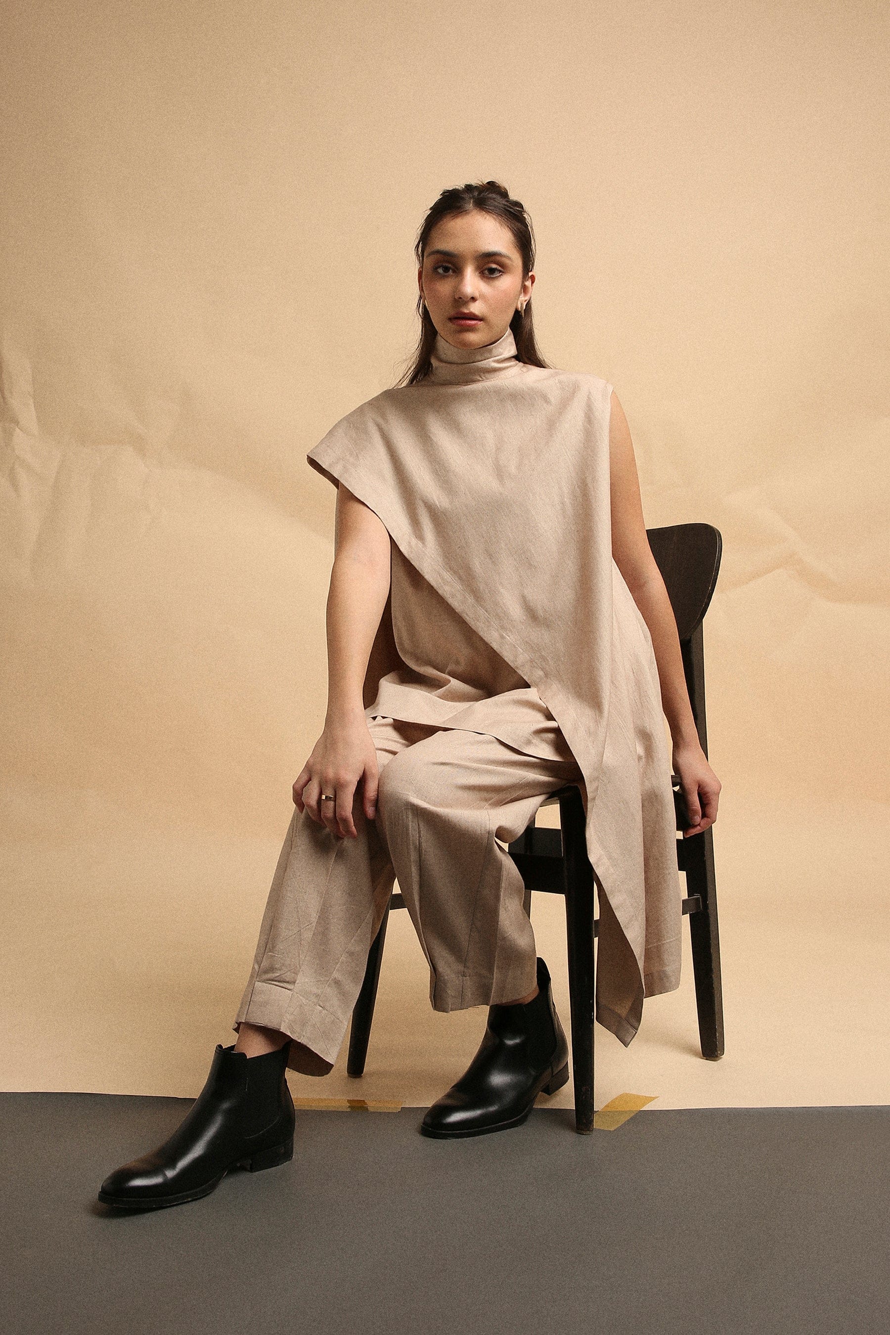 Handwoven cotton Toga tunic and pleated pants co-ord set in sand with high-low hem and side pockets, by MATI India