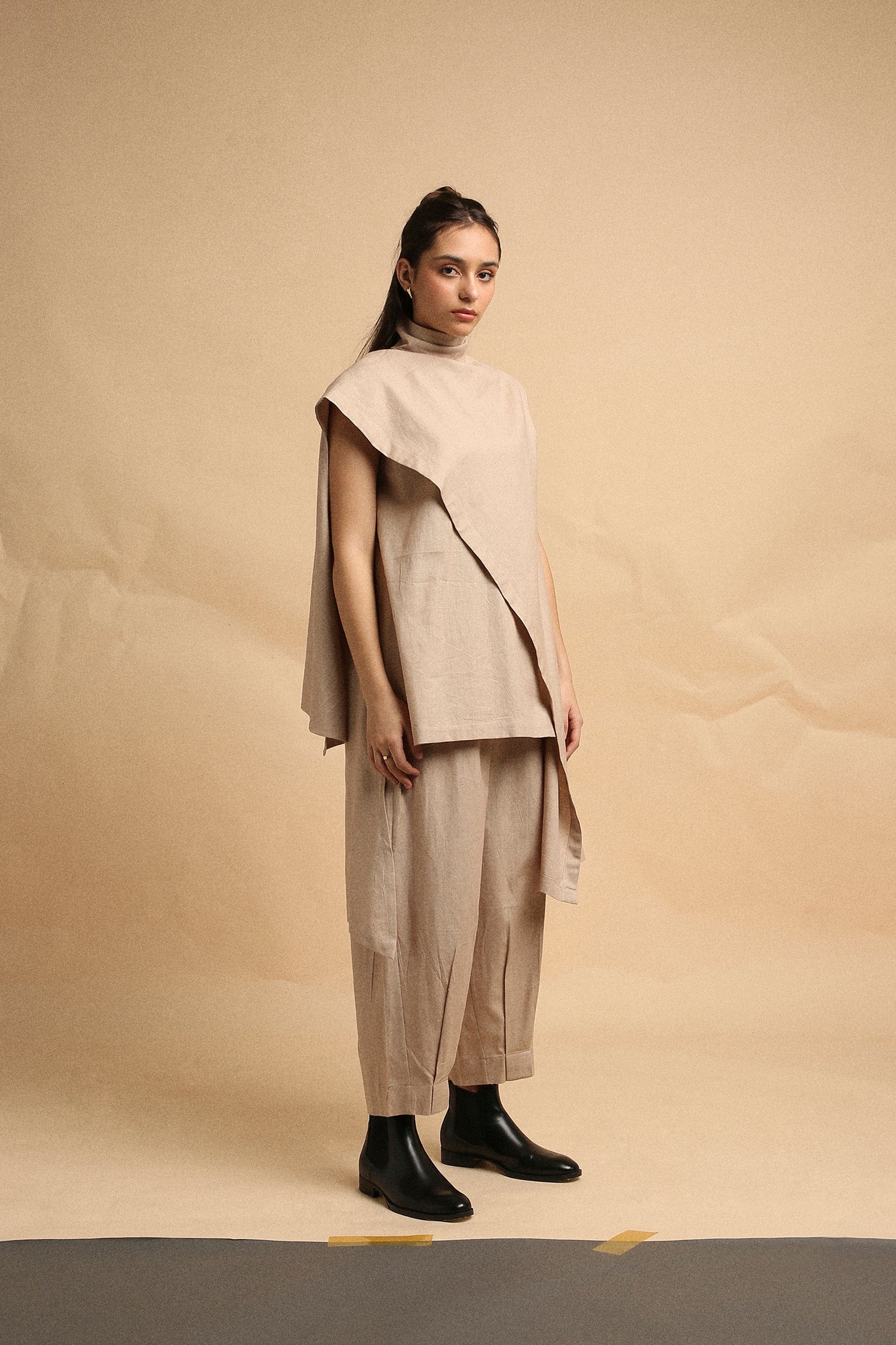 Handwoven cotton Toga tunic and pleated pants co-ord set in sand with high-low hem and side pockets, by MATI India