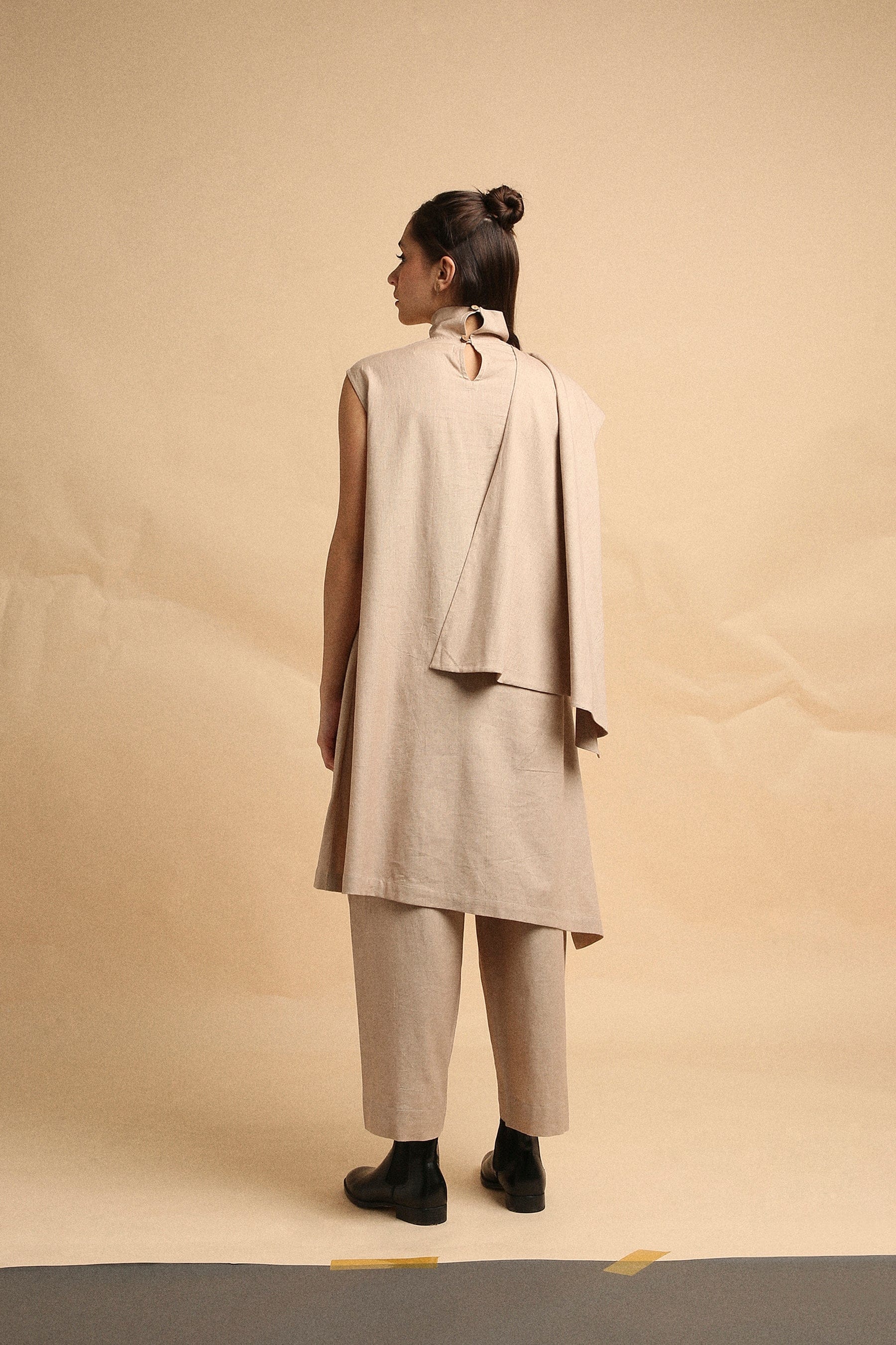 Handwoven cotton Toga tunic and pleated pants co-ord set in sand with high-low hem and side pockets, by MATI India