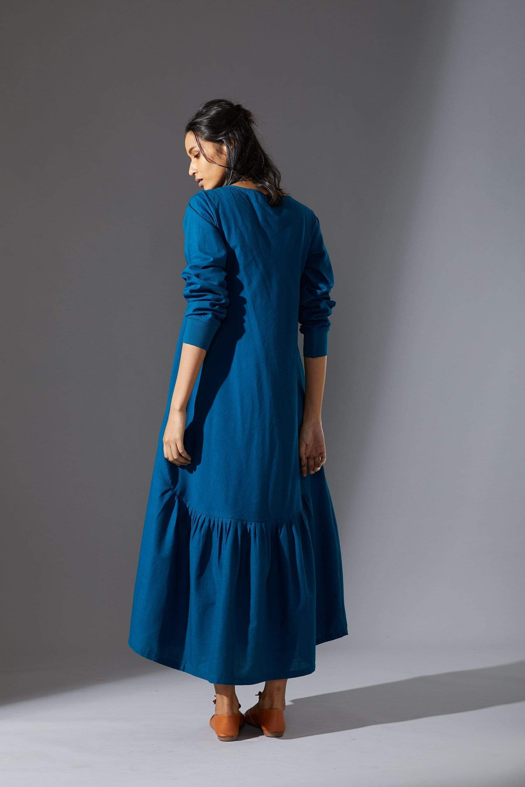 Handwoven cotton slub A-line shift dress in blue, bias cut, by MATI India