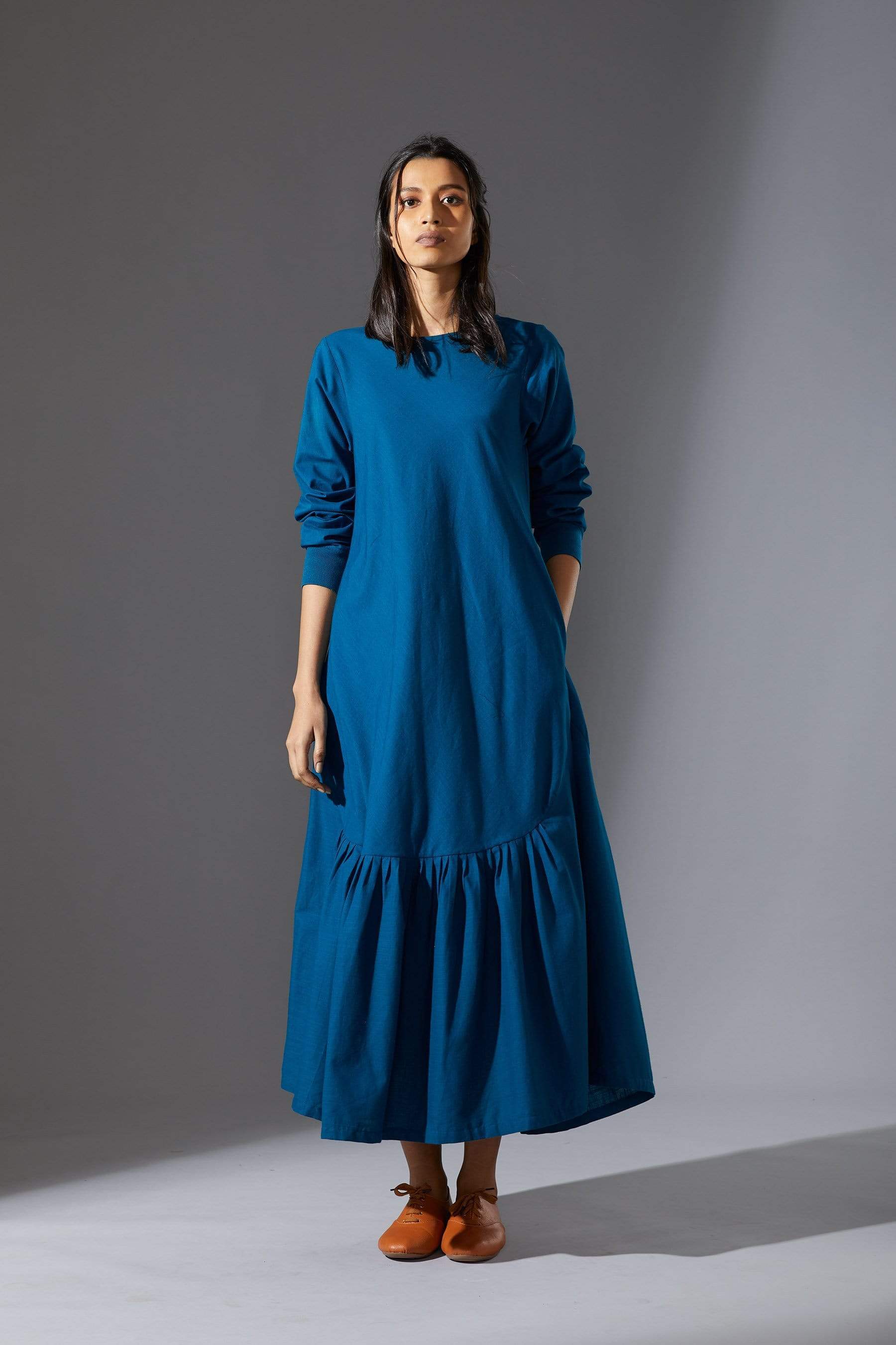 Handwoven cotton slub A-line shift dress in blue, bias cut, by MATI India