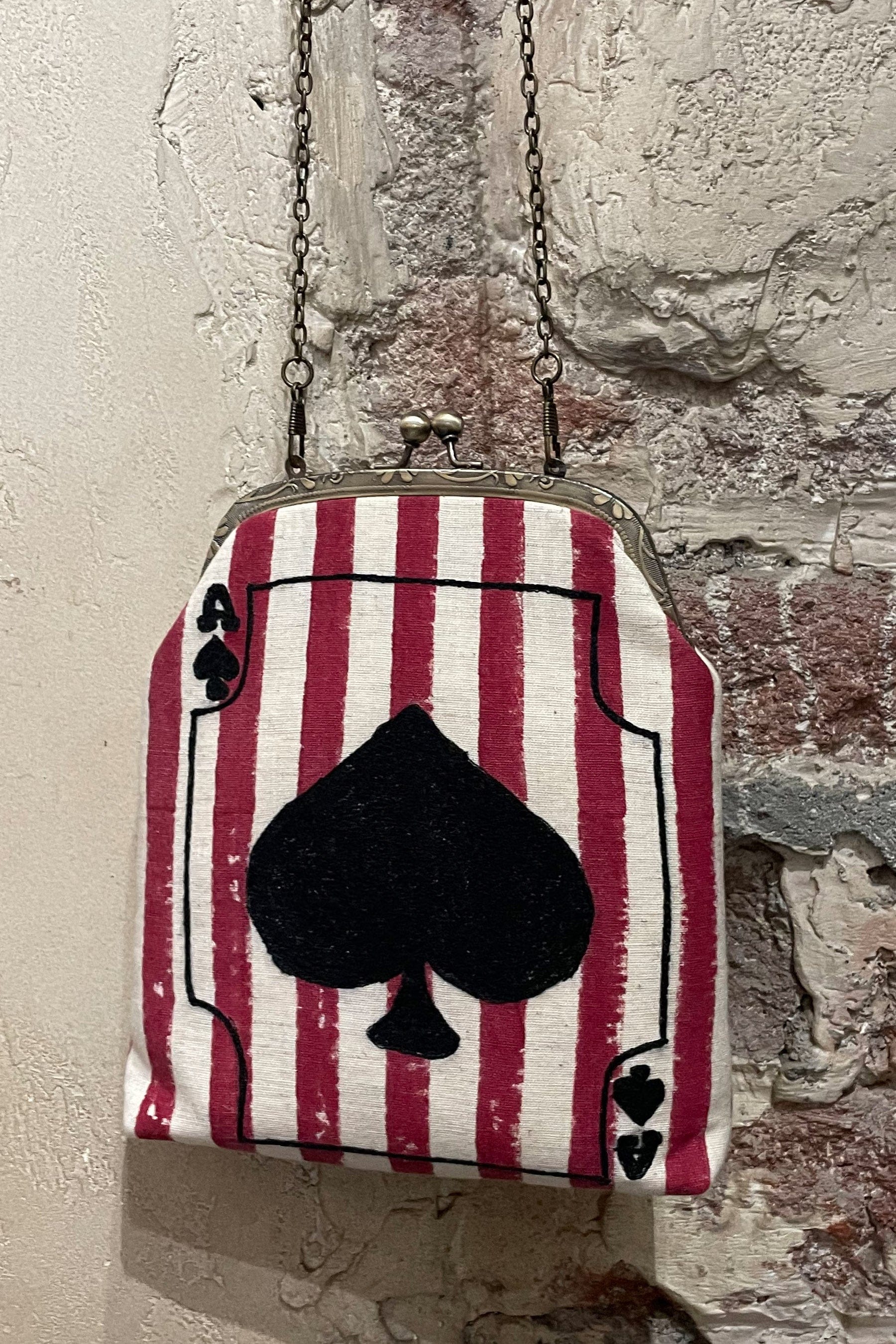 Mati Accessories Taash Hand Embroidered Red Striped Oatmeal Clutch - Spade