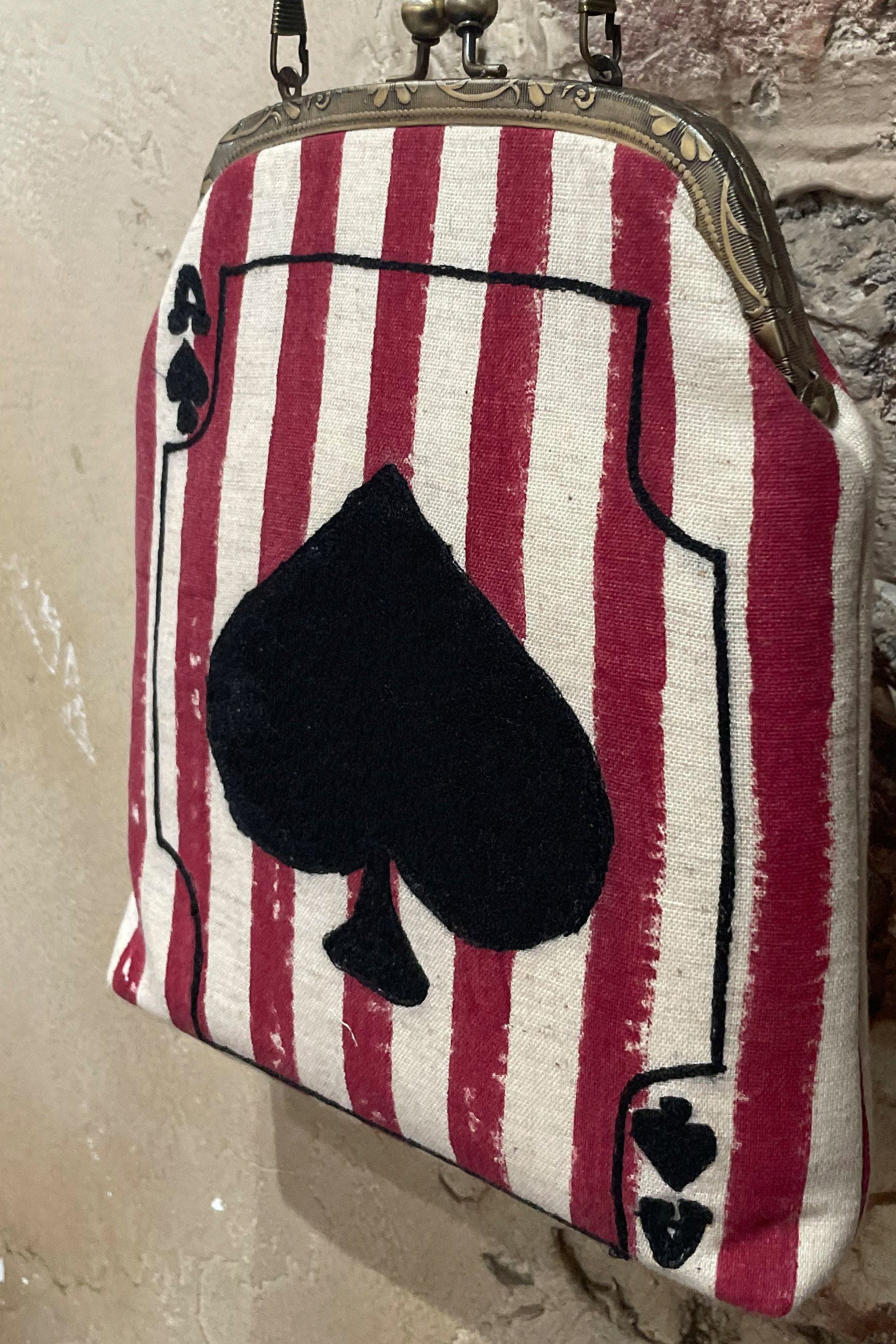 Mati Accessories Taash Hand Embroidered Red Striped Oatmeal Clutch - Spade