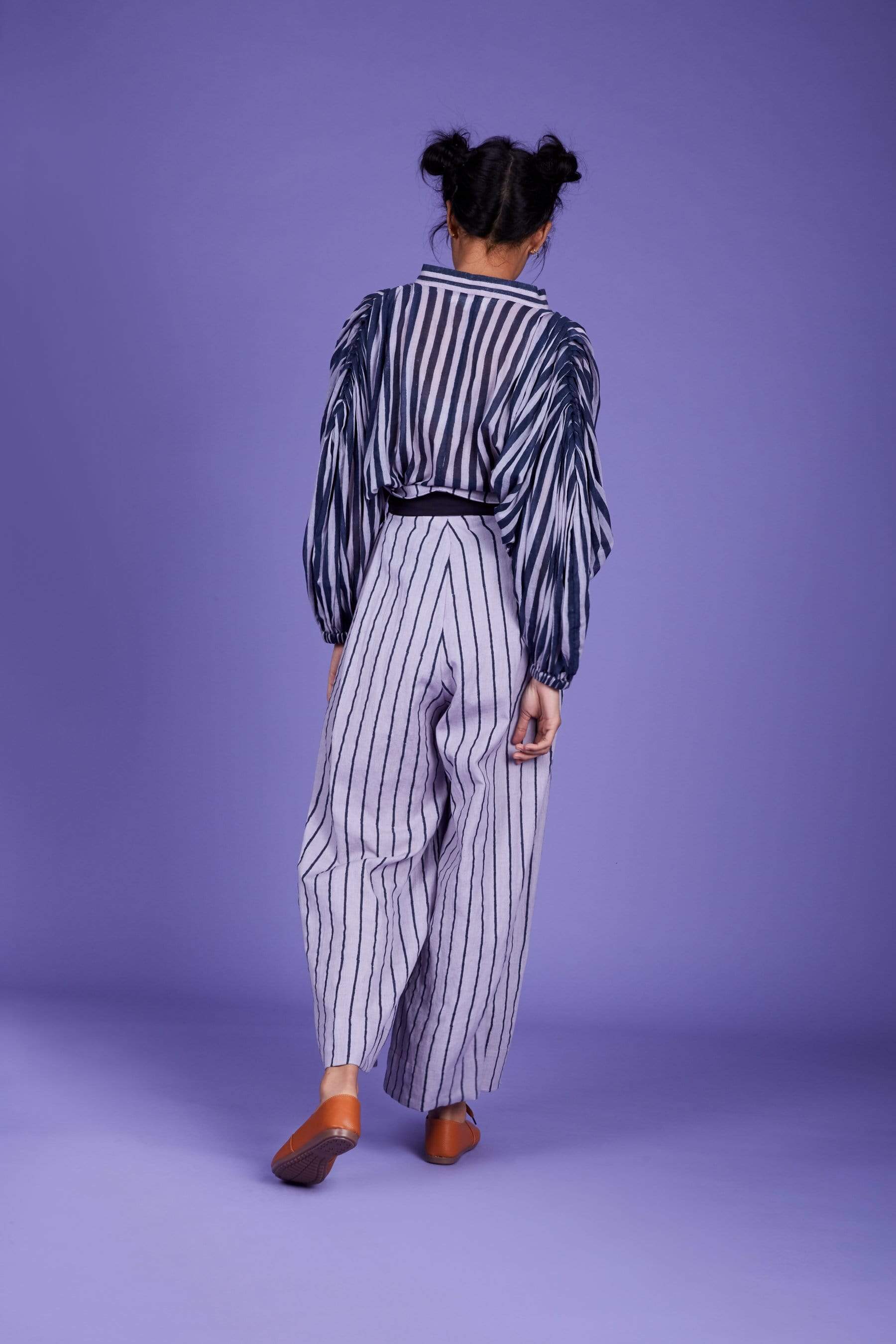 Lavender hand block print handwoven cotton shirt and pant set by MATI – back view