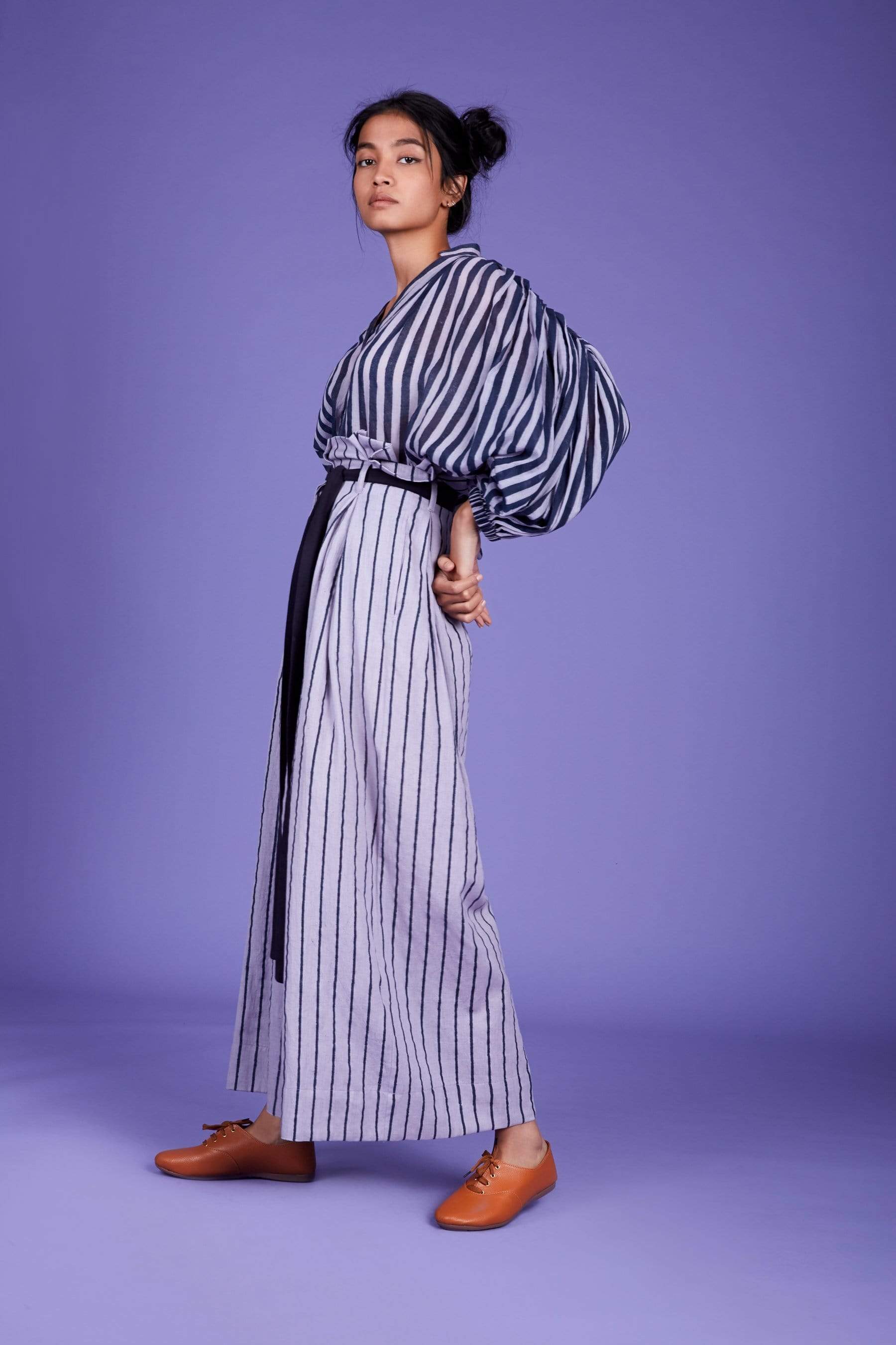 MATI Baha lavender 3-piece shirt pant and belt set in handwoven cotton – styled full look