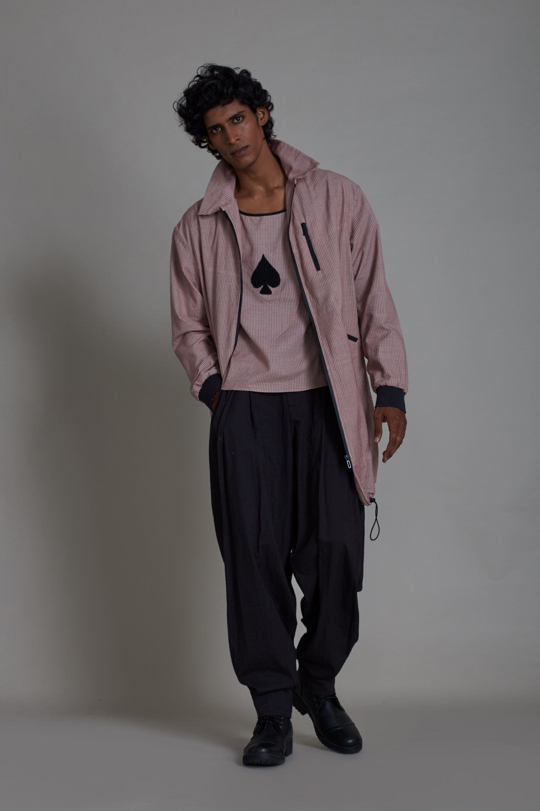 Full-length view of pink handwoven cotton men's co-ord set by MATI