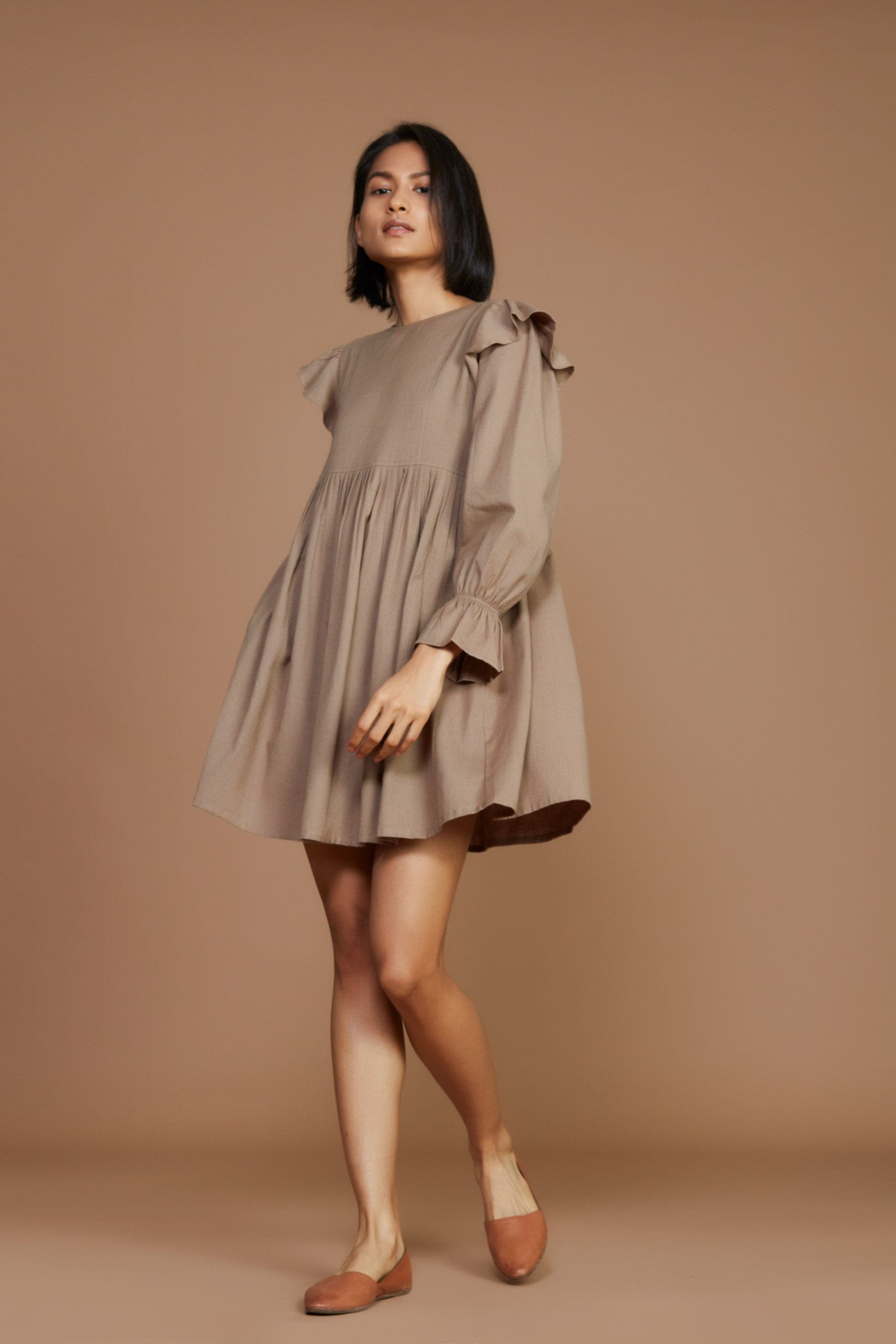 Handcrafted from Handwoven Organic Cotton, Brown Short Dress for Women by Sustainable Fashion Designer Clothing Label MATI