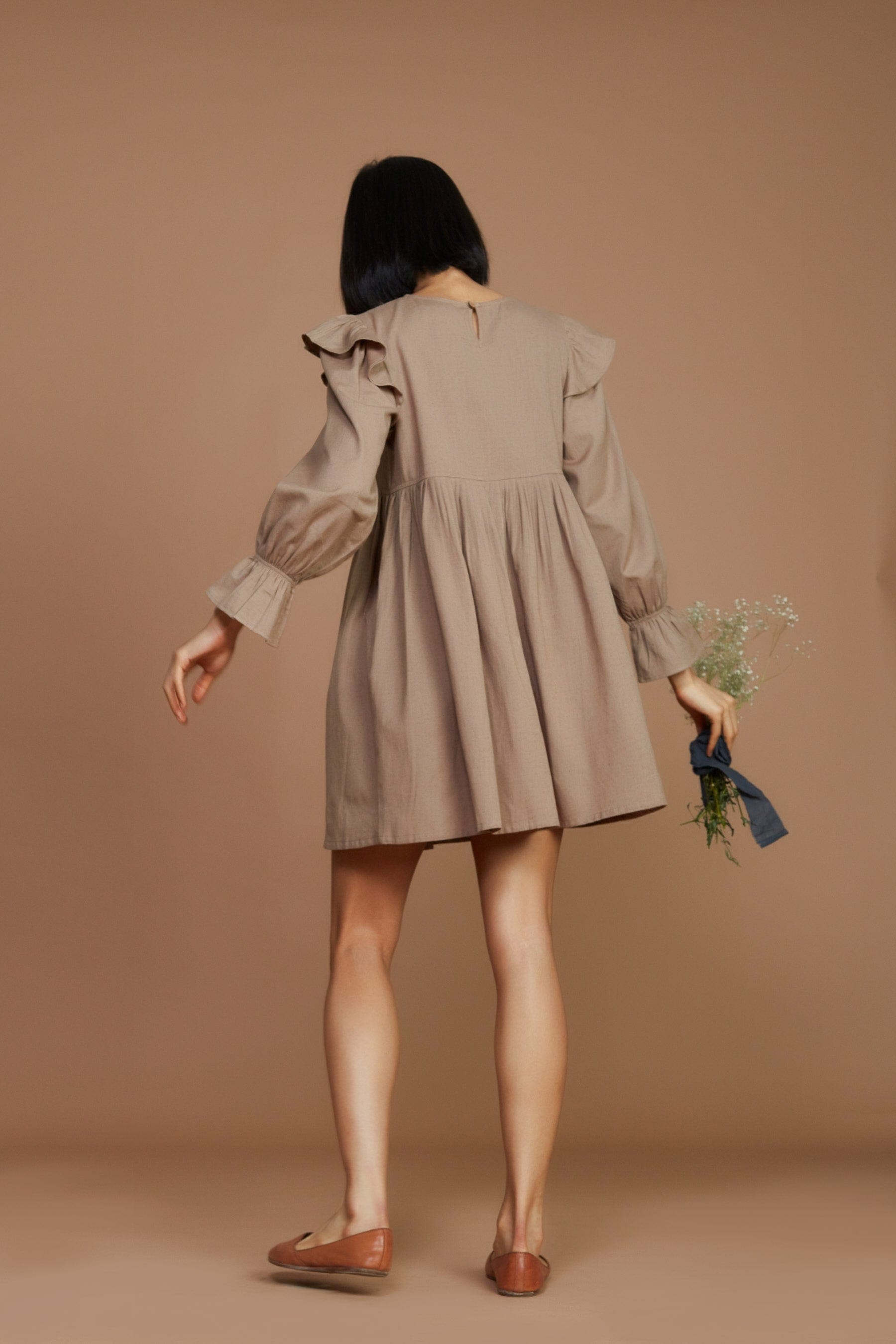 Handcrafted from Handwoven Organic Cotton, Brown Short Dress for Women by Sustainable Fashion Designer Clothing Label MATI