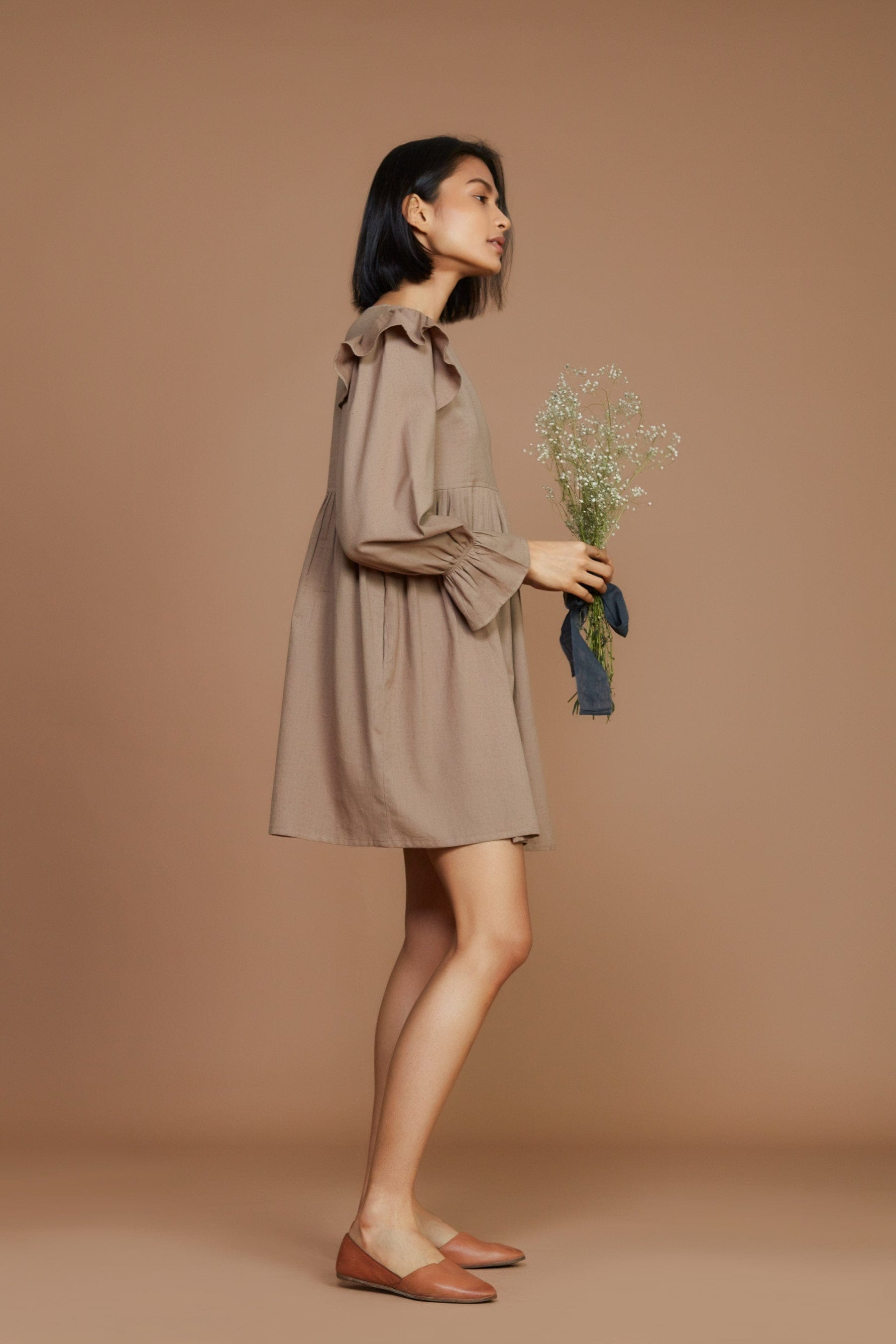 Handcrafted from Handwoven Organic Cotton, Brown Short Dress for Women by Sustainable Fashion Designer Clothing Label MATI
