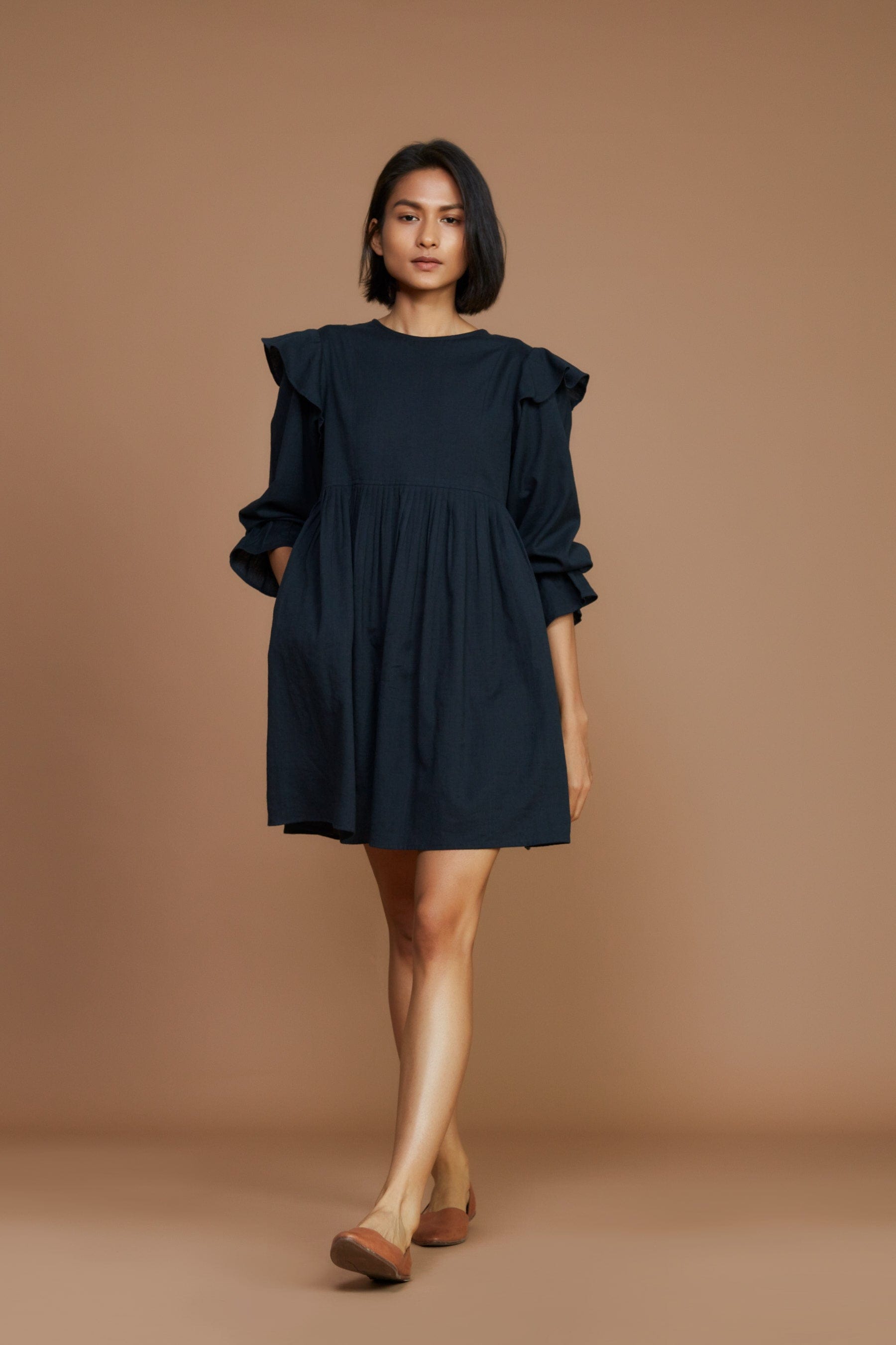 Handcrafted from Handwoven Organic Cotton, Black Short Dress for Women by Sustainable Fashion Designer Clothing Label MATI